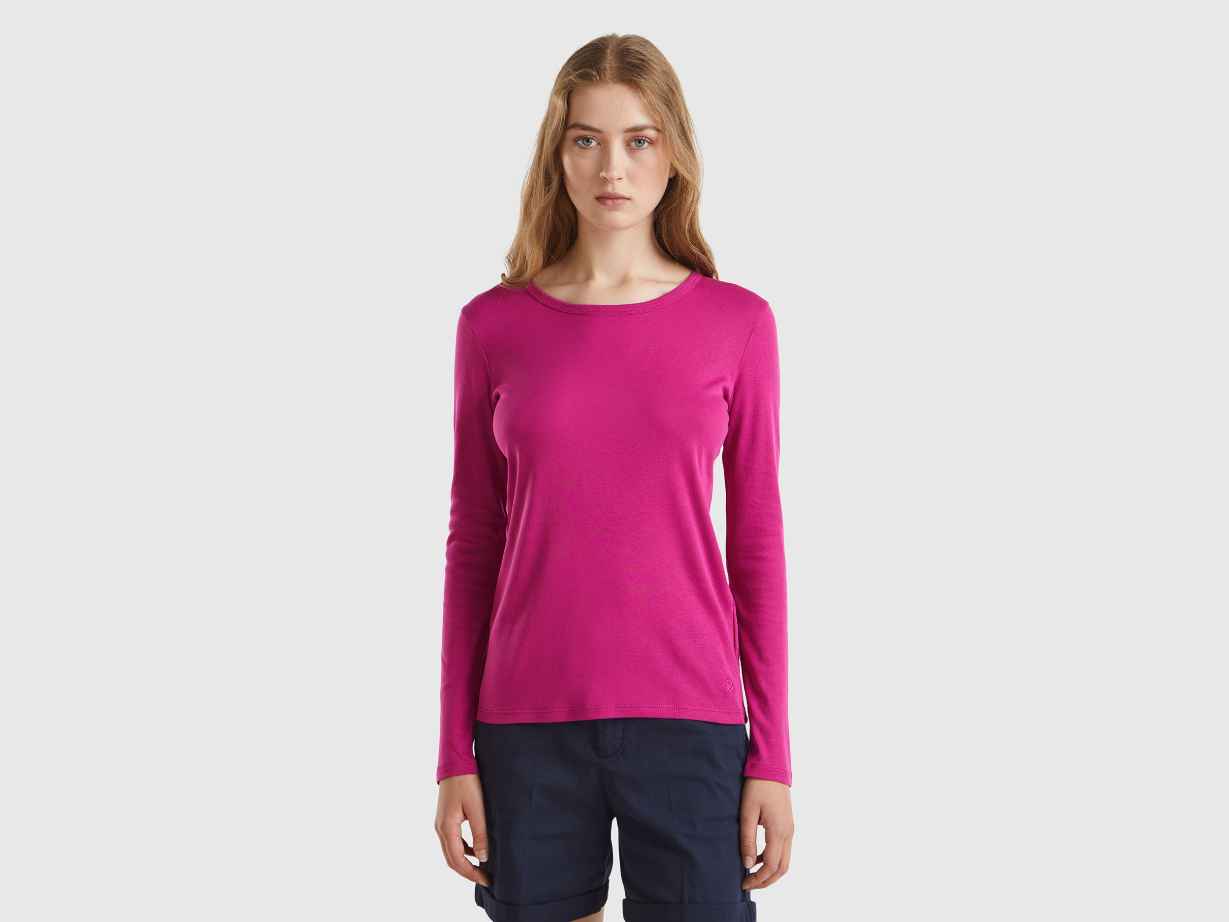 Benetton, T-shirt A Manica Lunga In Puro Cotone, Ciclamino, Donna