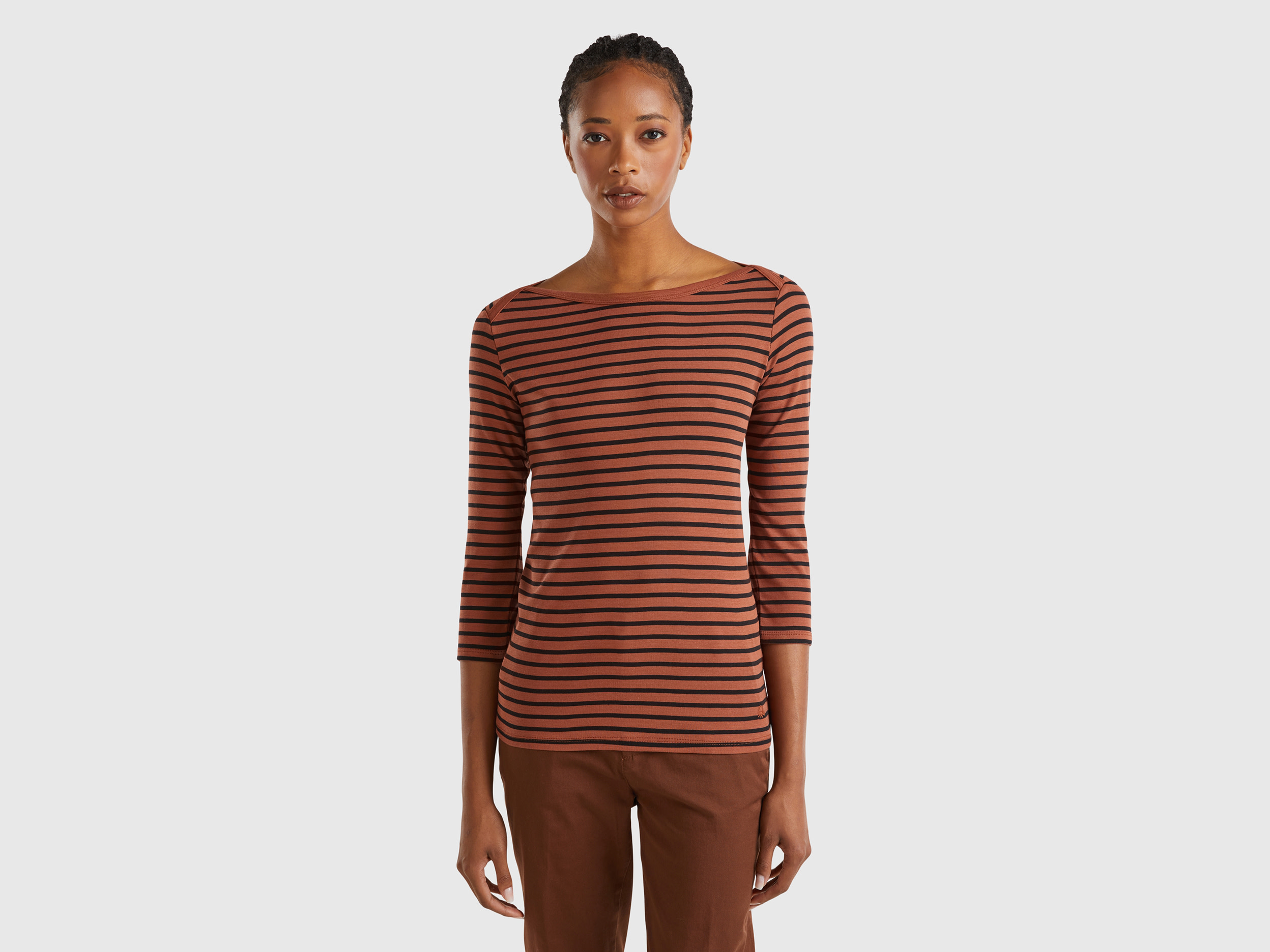 Benetton, T-shirt Manica 3/4 A Righe In Puro Cotone, Marrone, Donna