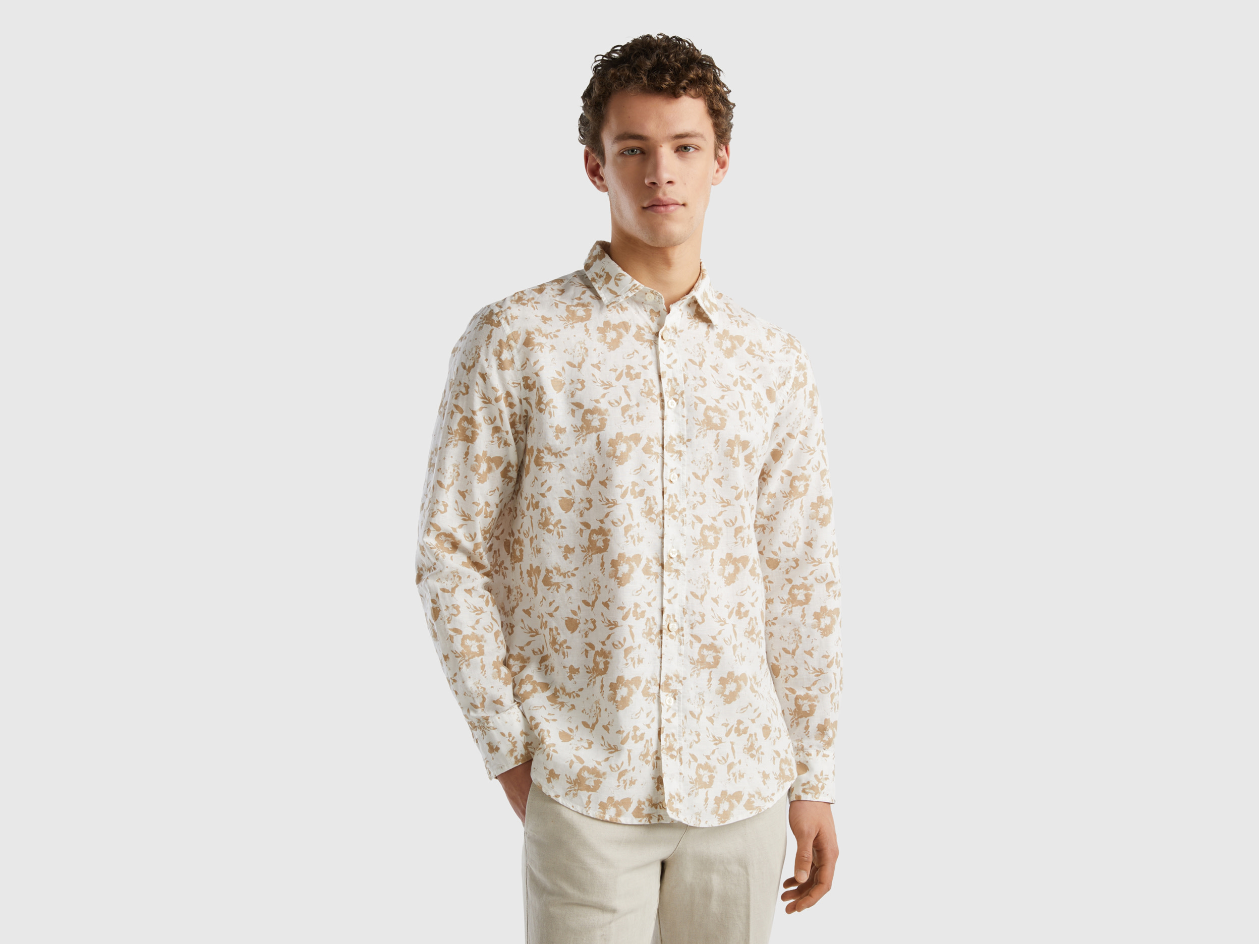 Benetton, Camicia A Fiori In Misto Lino, Beige, Uomo