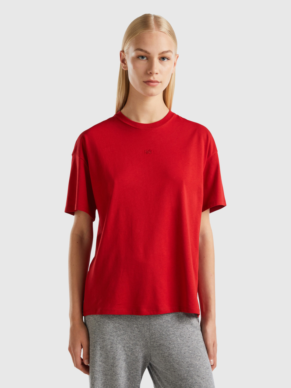 Benetton, T-shirt À Logo Brodé, Rouge, Femme