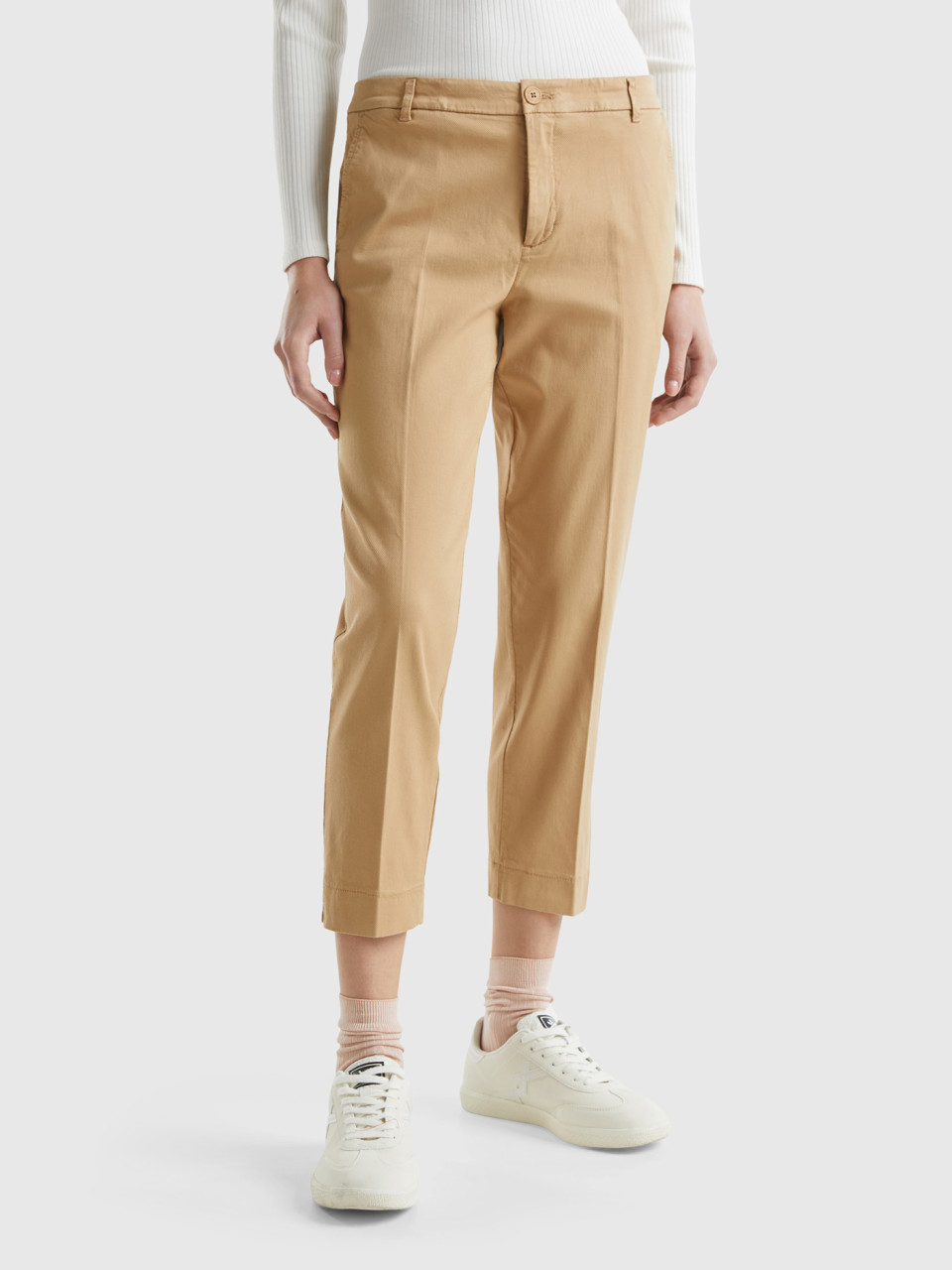 Benetton, Cropped Chinos In Stretch Cotton, Camel, Women