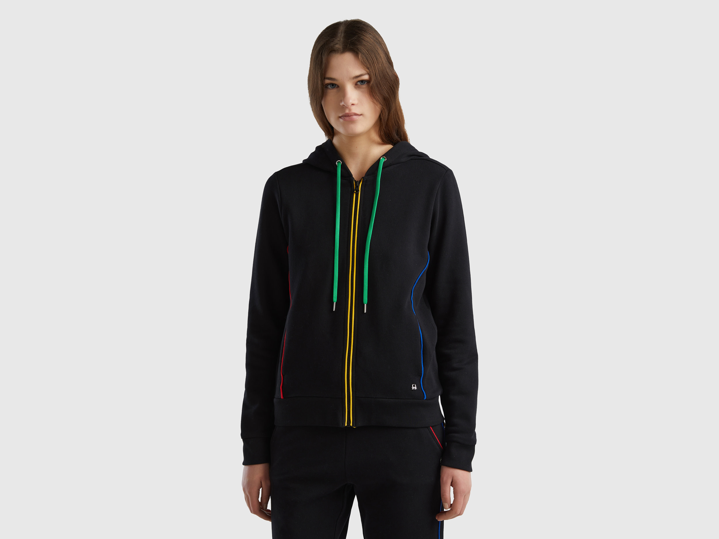 Benetton, 100% Cotton Sweatshirt With Zip And Hood, size XL, Black, Women