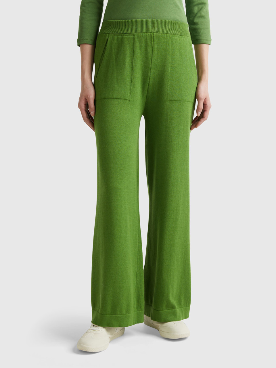 Benetton, Knit Wide Trousers, Military Green, Women