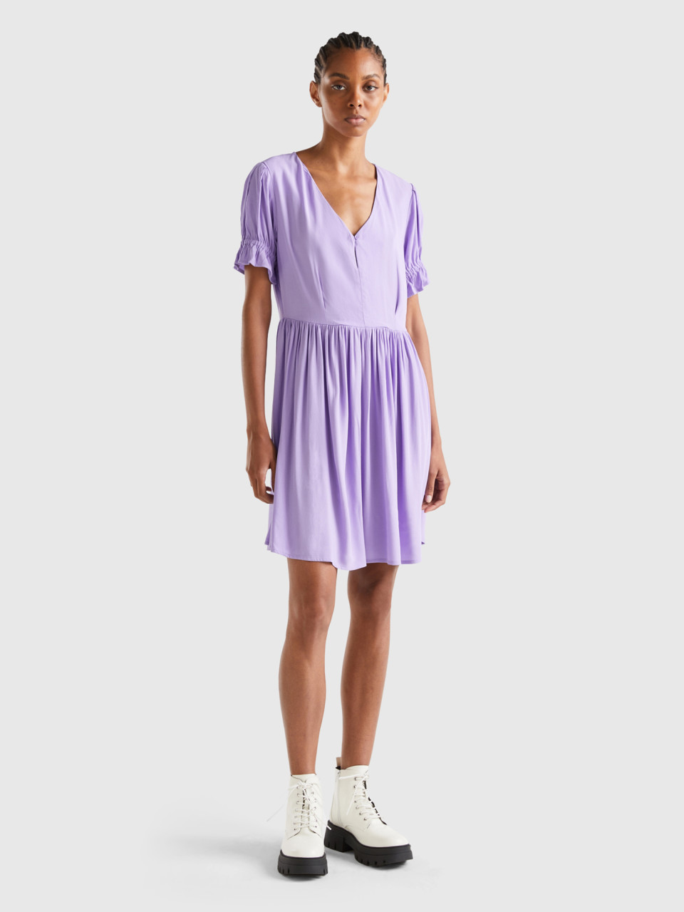 Benetton, Short Dress In Flowy Viscose, Lilac, Women
