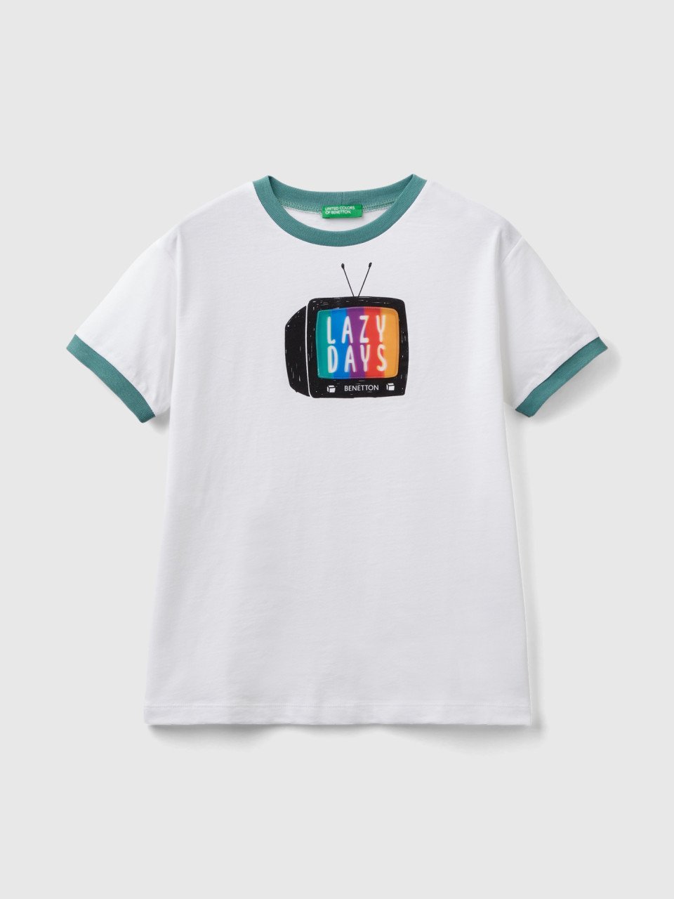 Benetton, T-shirt À Imprimé Télévision, Blanc, Enfants
