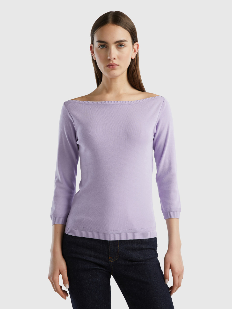 Benetton, 100% Cotton Boat Neck Sweater, Lilac, Women
