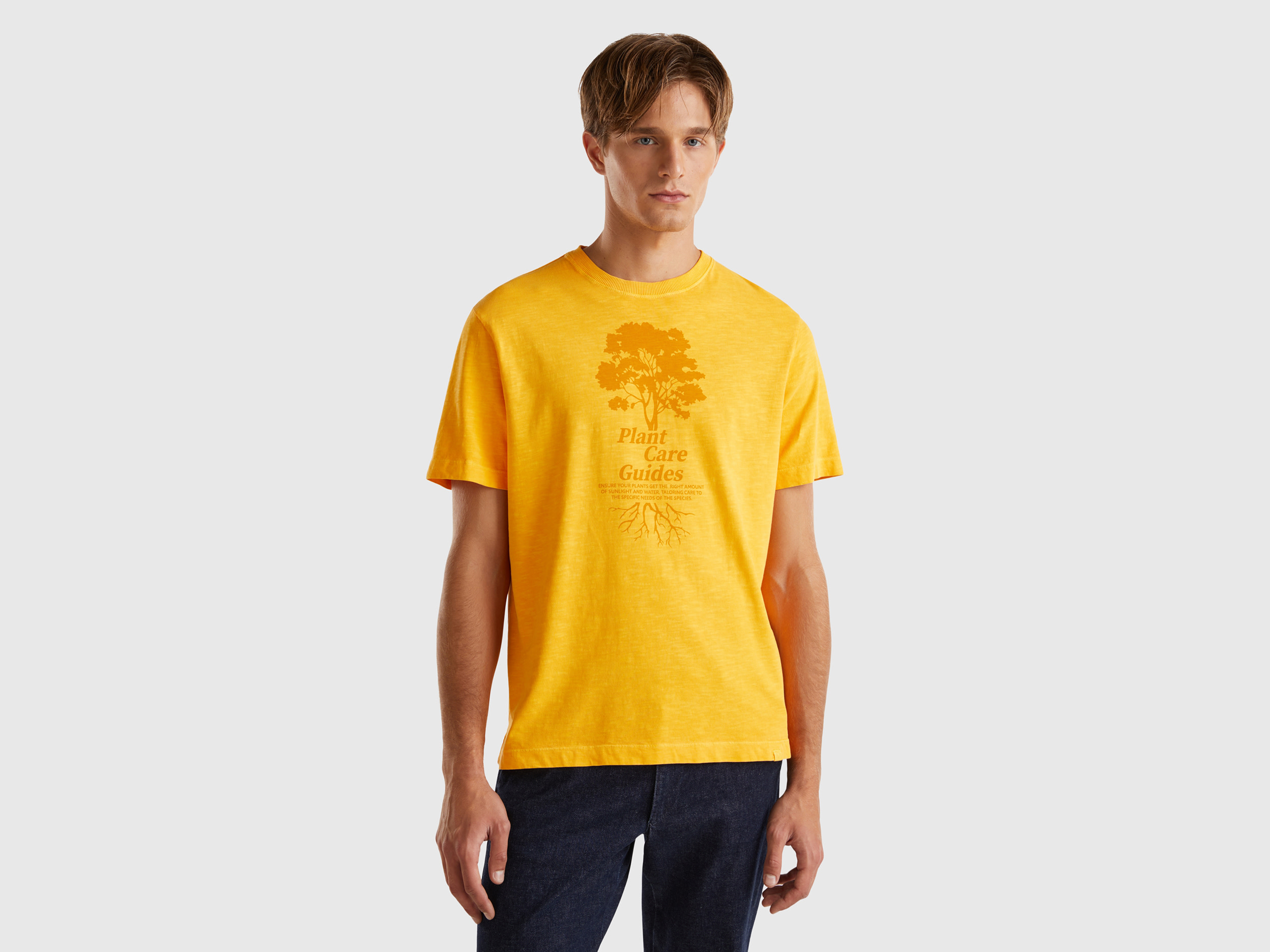 Benetton, T-shirt Con Stampa 100% Cotone, Senape, Uomo