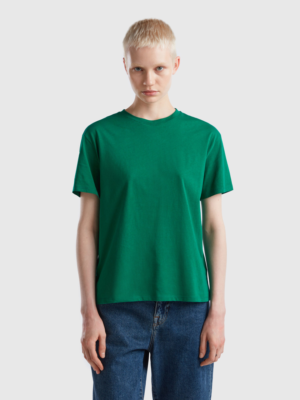 Benetton, T-shirt 100 % Coton À Manches Courtes, Vert, Femme
