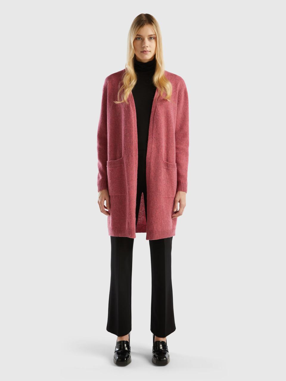Benetton, Long Cardigan In Pure Shetland Wool, Pink, Women