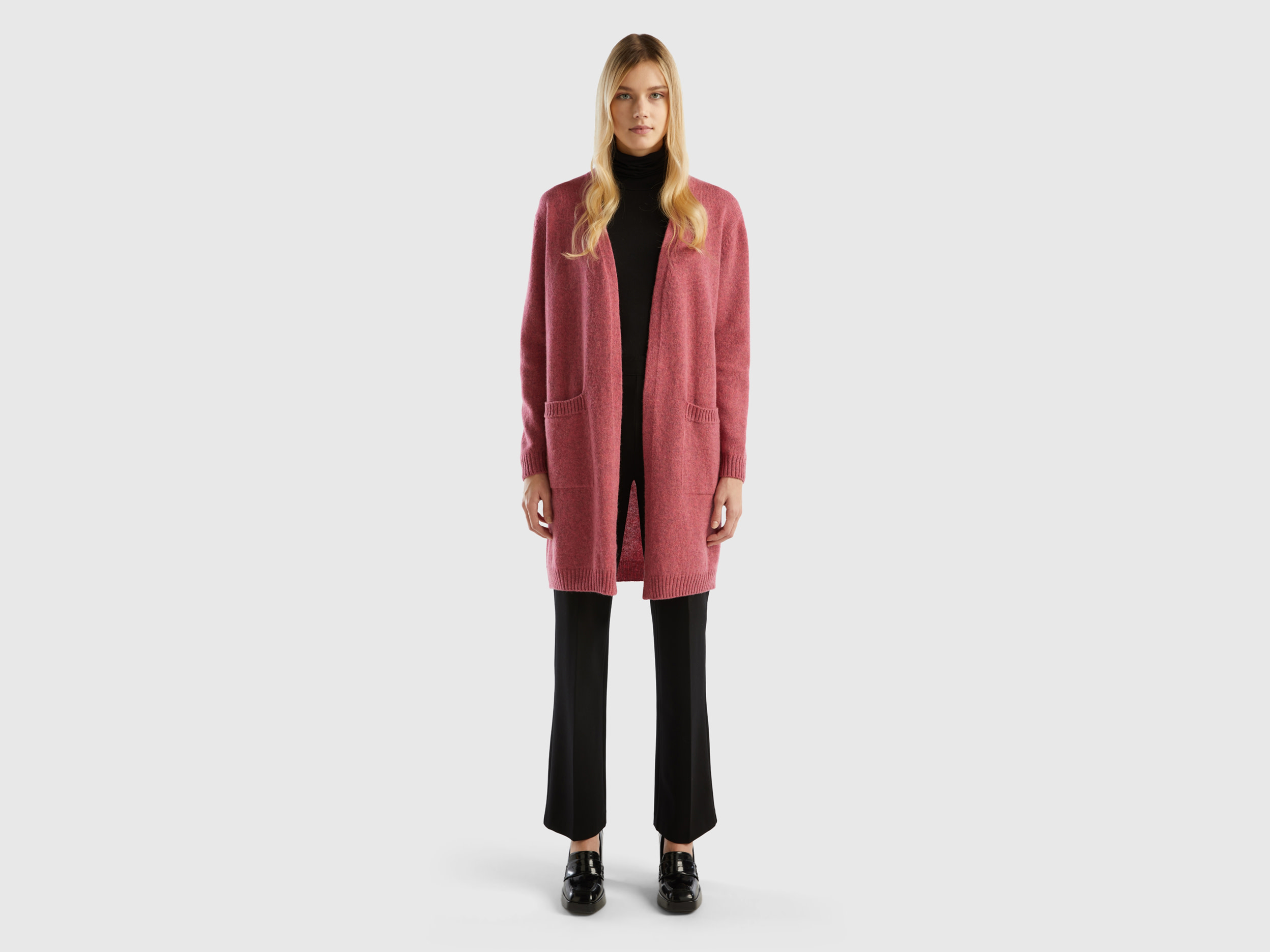 Benetton, Long Cardigan In Pure Shetland Wool, size M, Pink, Women