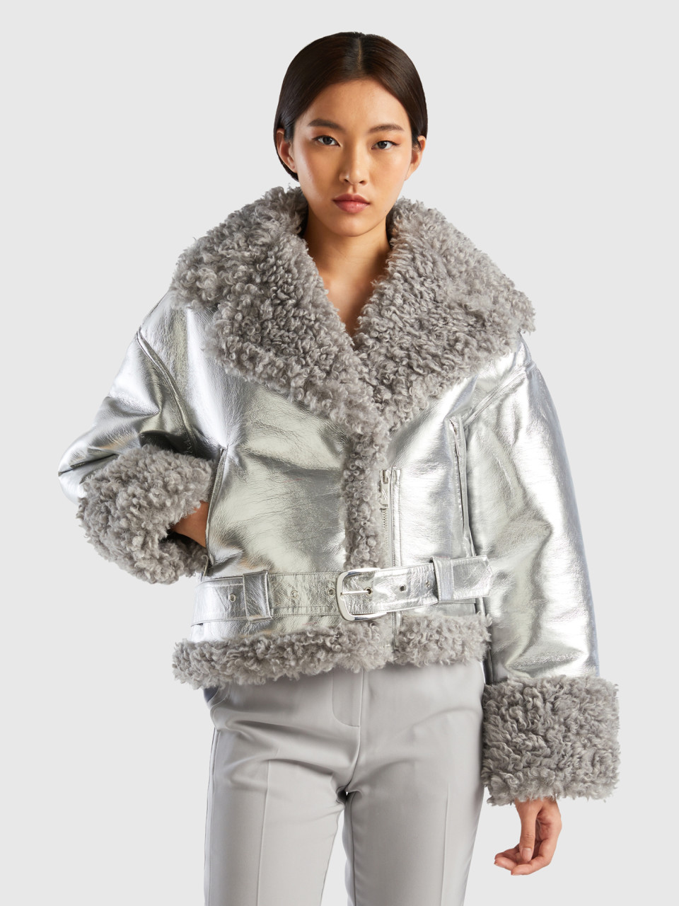 Benetton, Biker Jacket In Imitation Leather And Faux Fur, Silver, Women