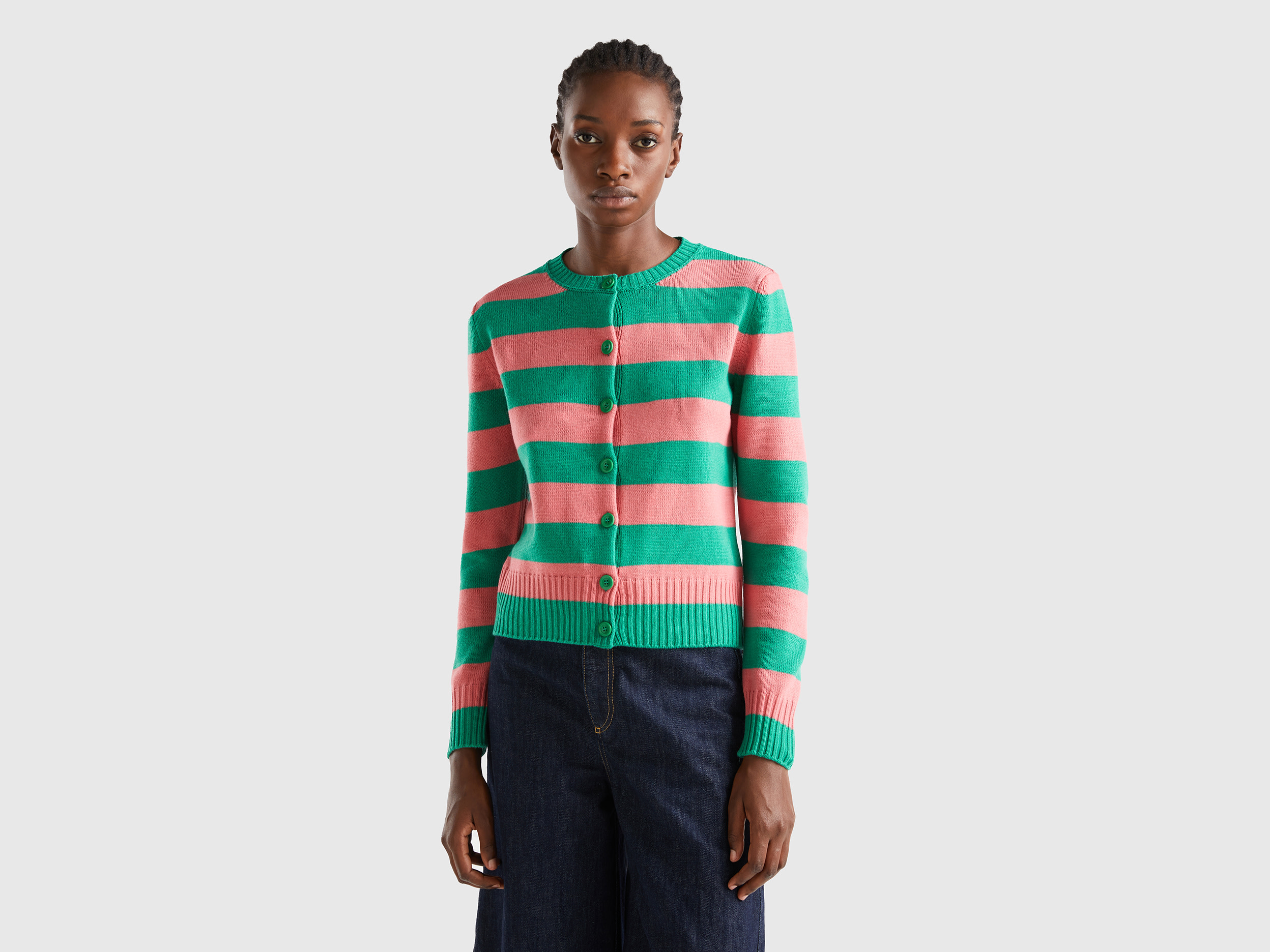 Benetton, Two-tone Striped Cardigan, size L, Pink, Women