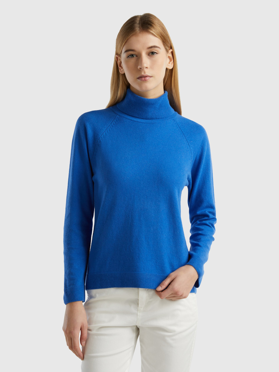 Benetton, Blue Turtleneck Sweater In Cashmere And Wool Blend, Blue, Women