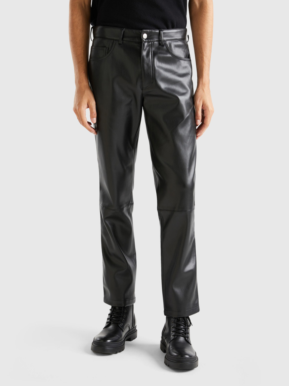 Benetton, Trousers In Imitation Leather Fabric, Black, Men
