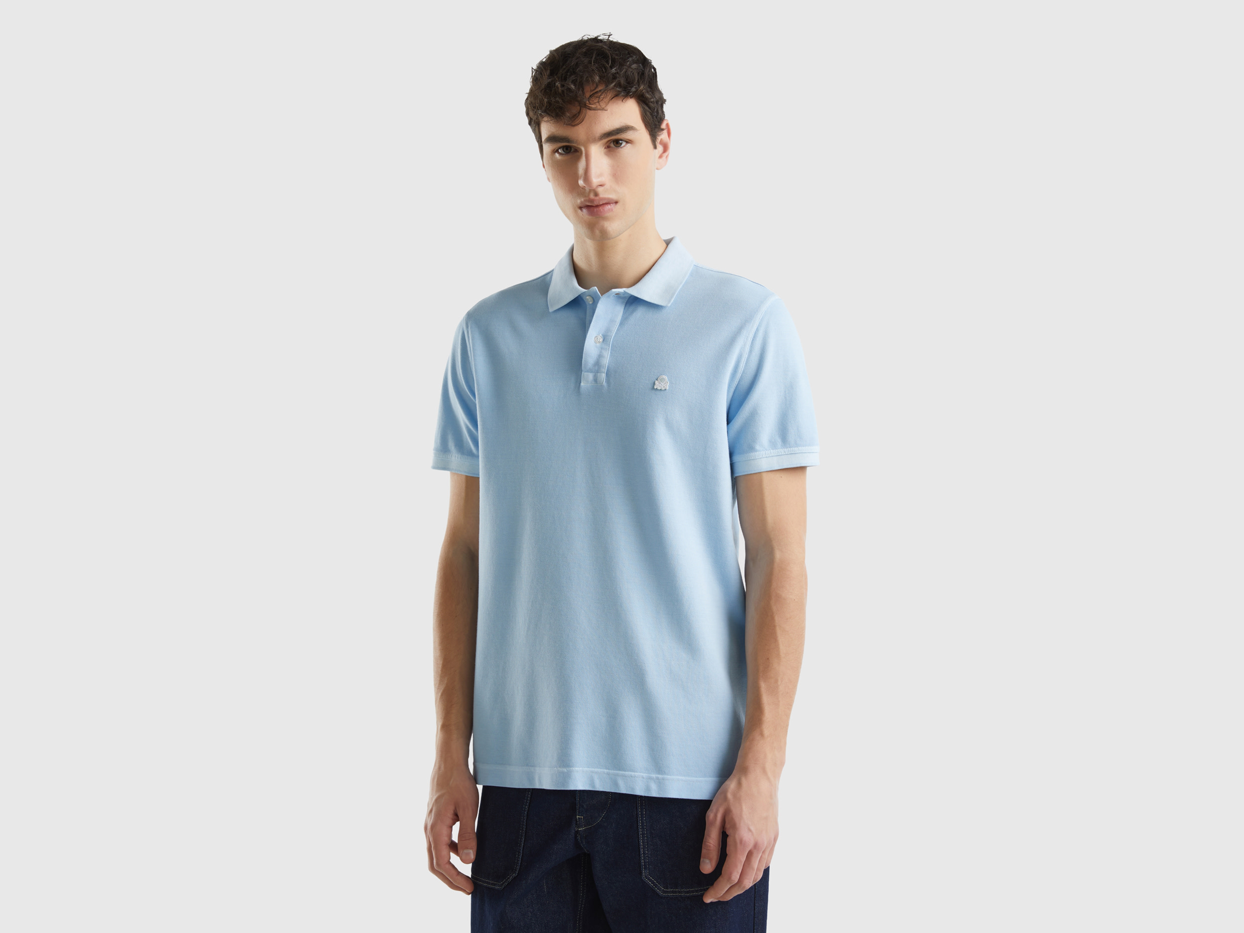 Image of Benetton, Regular Fit Polo In 100% Organic Cotton, size S, Sky Blue, Men