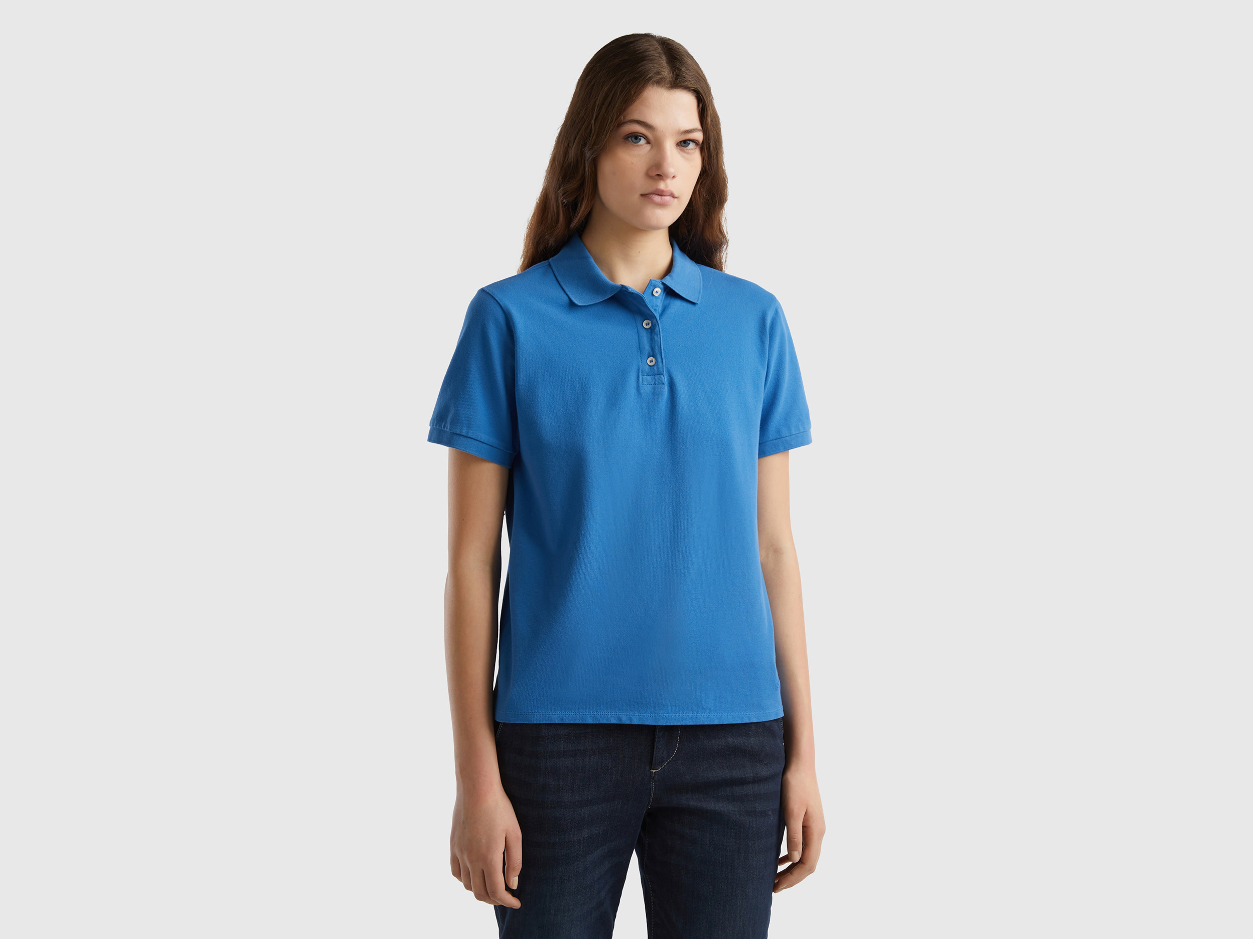 Image of Benetton, Polo In Stretch Organic Cotton, size L, Blue, Women