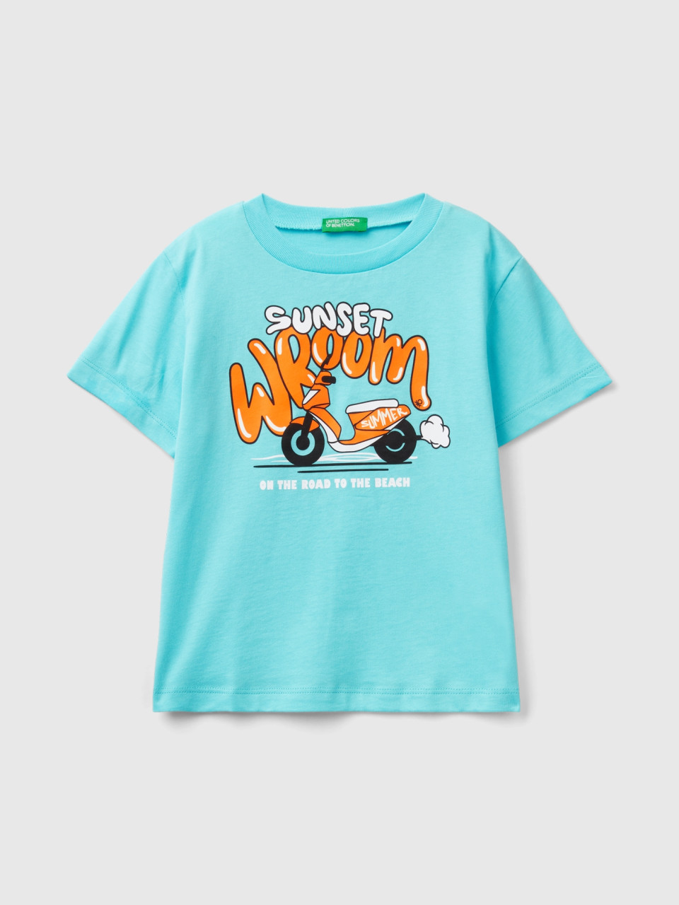 Benetton, T-shirt With Print And Neon Details, Turquoise, Kids