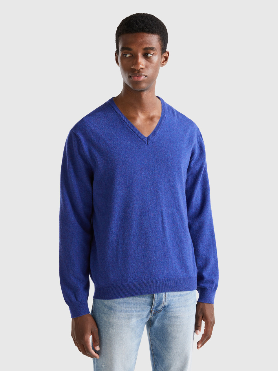Benetton, Blue V-neck Sweater In Pure Merino Wool, Blue, Men