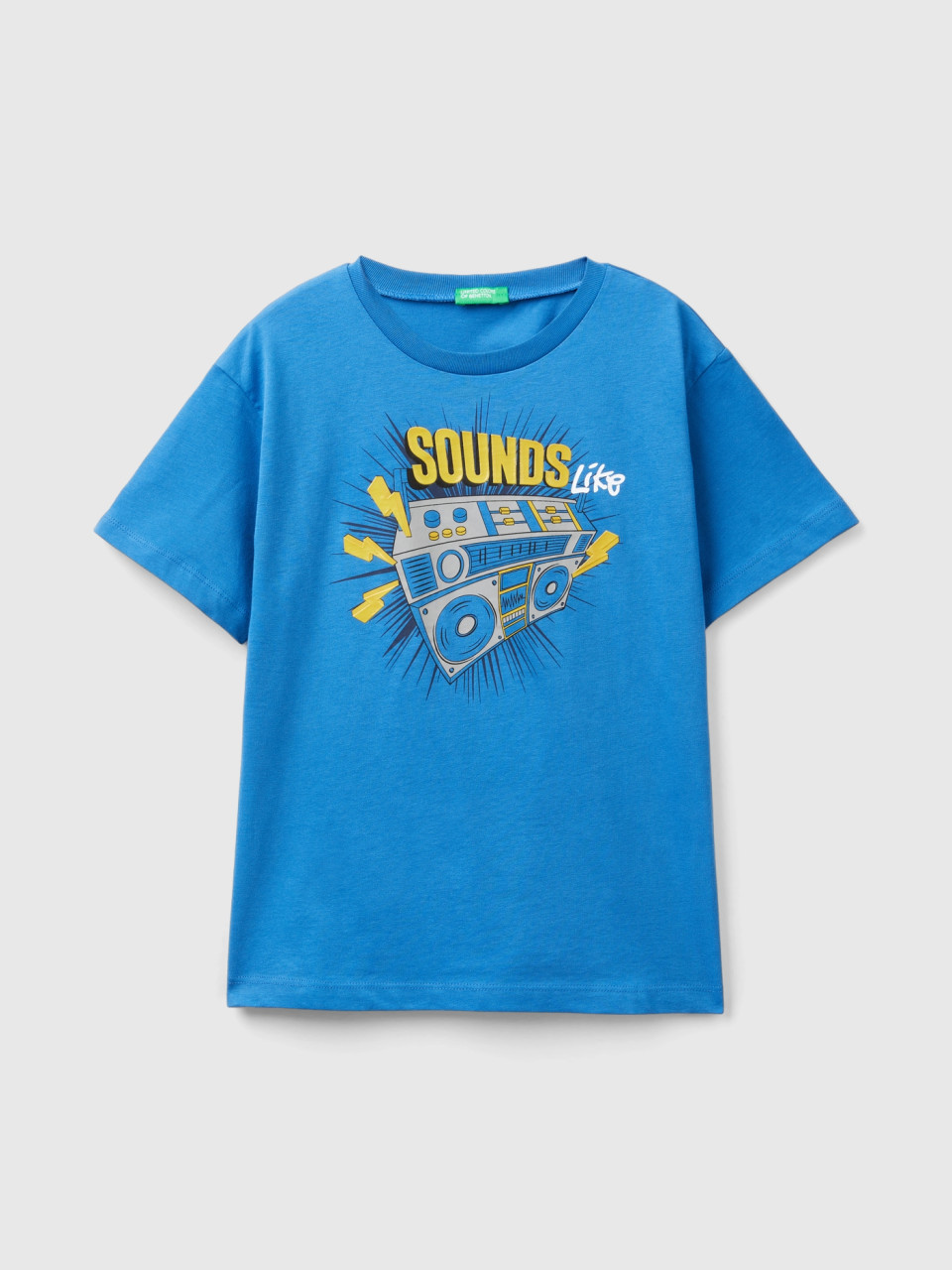 Benetton, Camiseta Con Estampado Engomado, Azul, Niños