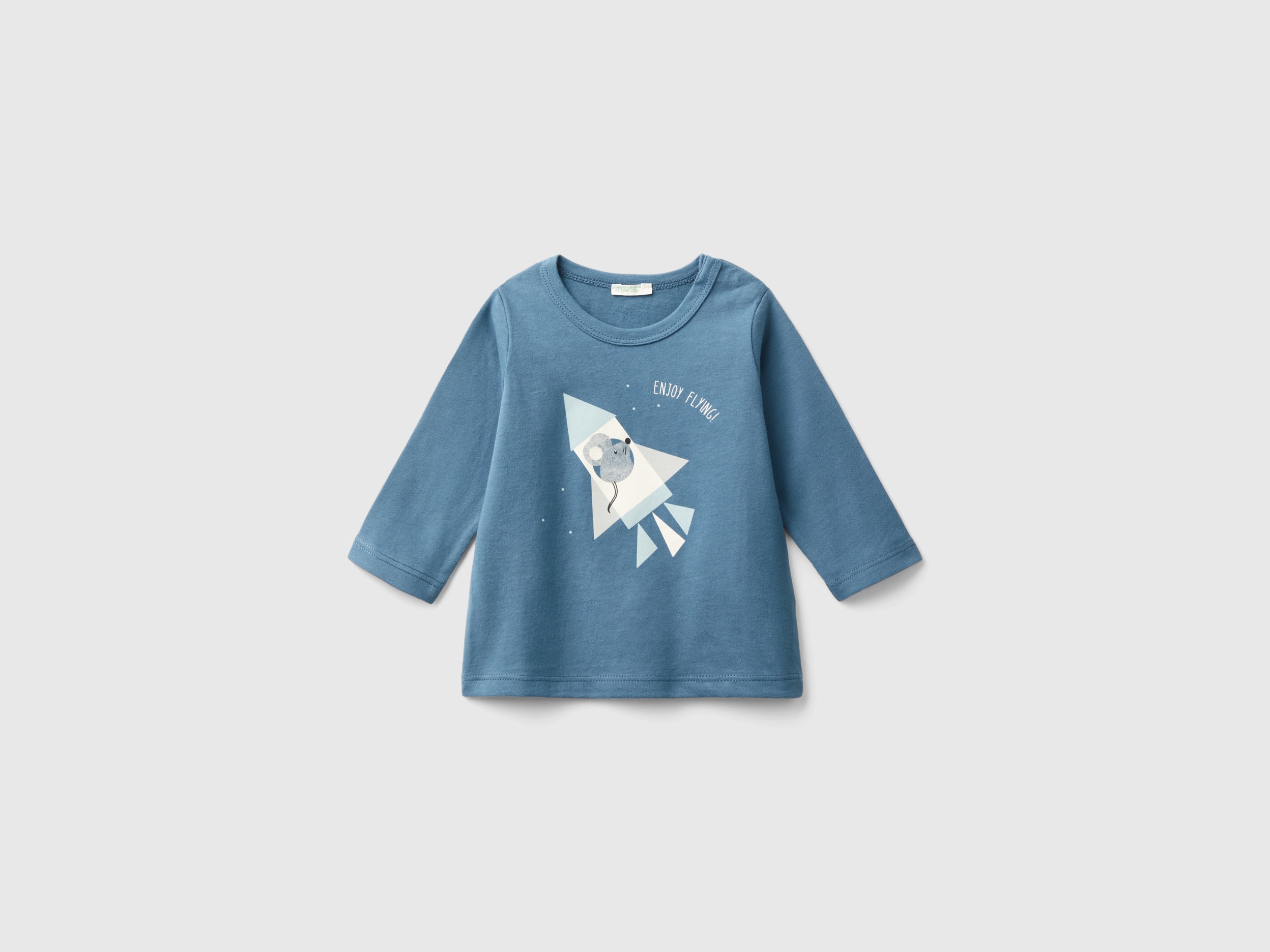 Benetton, T-shirt Con Stampa In Caldo Cotone Bio, Avio, Bambini