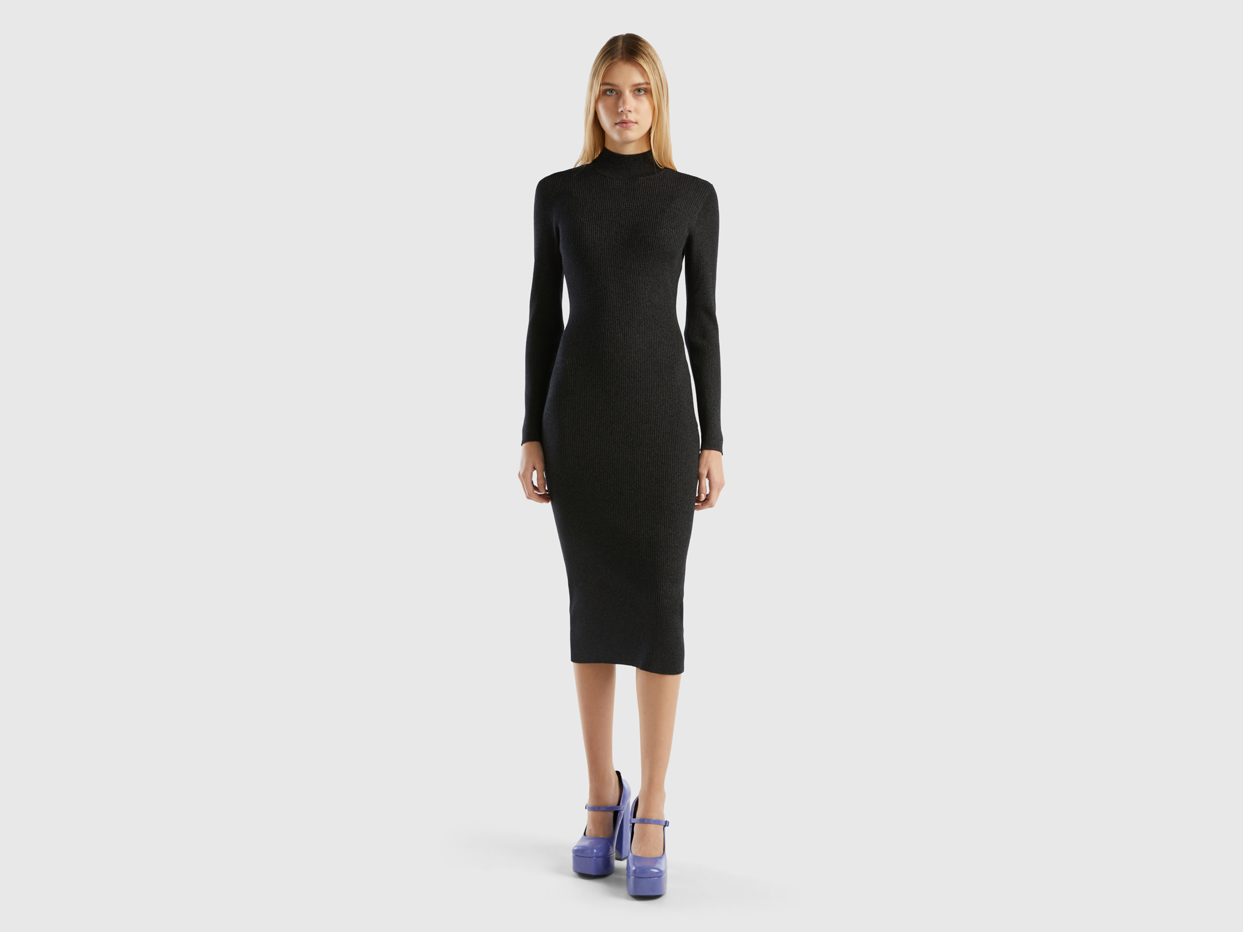 Benetton, Ribbed Dress With Lurex, size L-XL, Black, Women