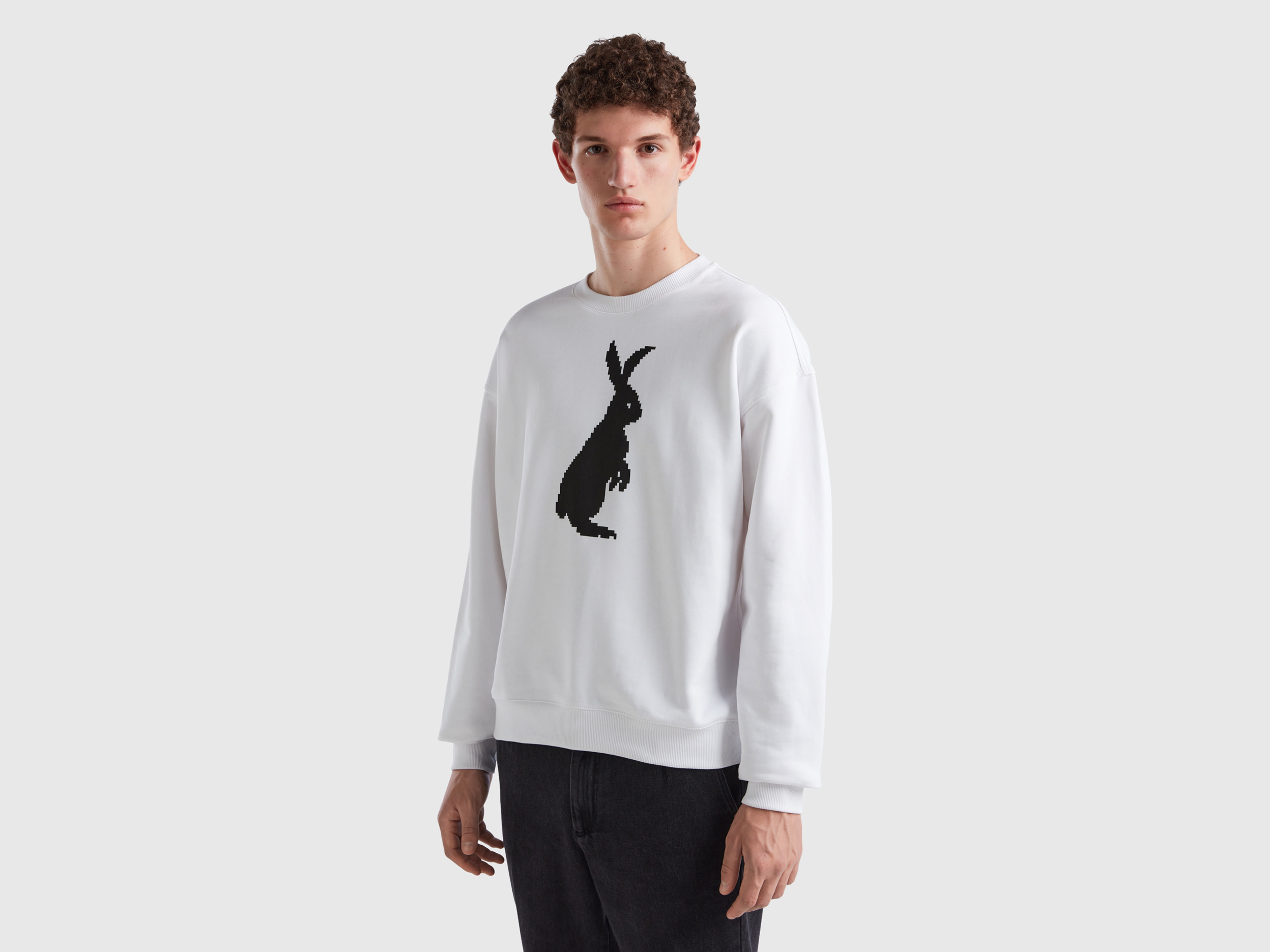 Benetton, Sweatshirt With Bunny Print, size L, White, Men