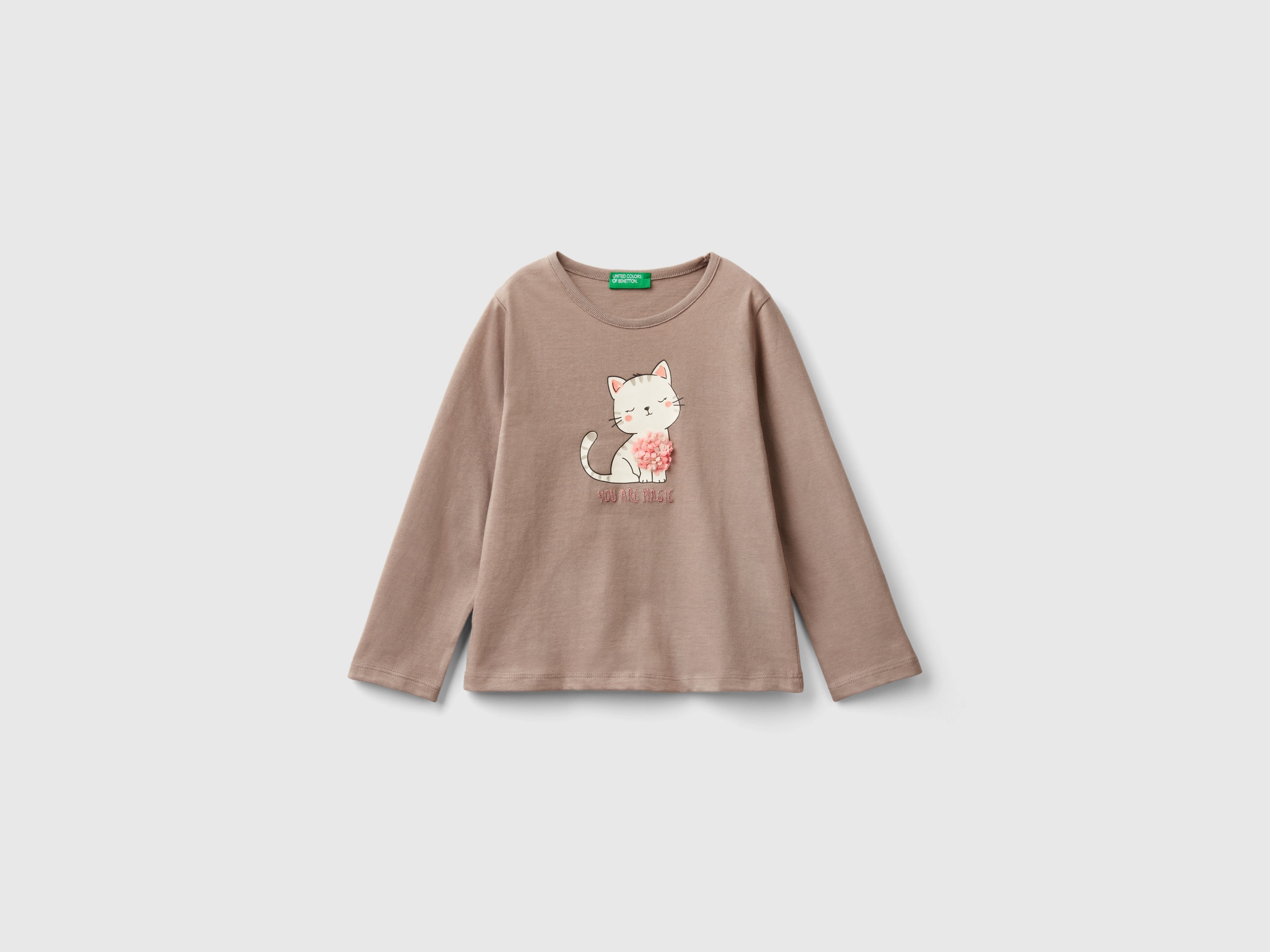 Benetton, T-shirt Con Applicazione Effetto Petali, Tortora, Bambini