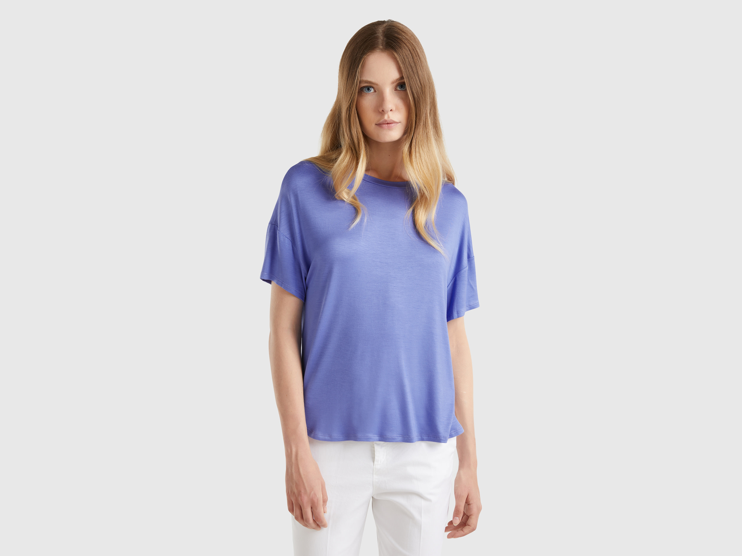 Benetton, T-shirt In Viscosa Sostenibile Stretch, Pervinca, Donna
