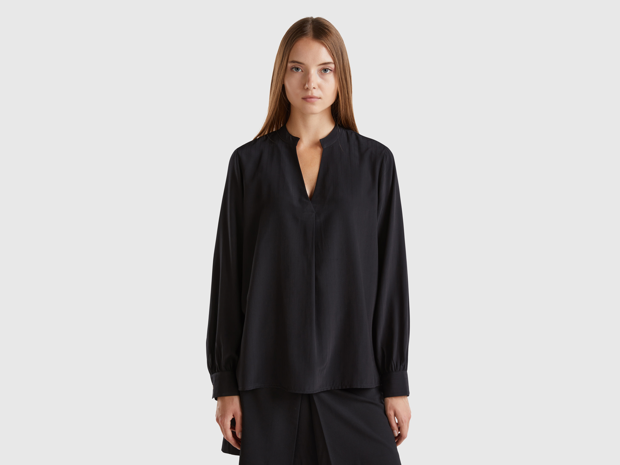 Benetton, Camicia Con Scollo Serafino, Nero, Donna