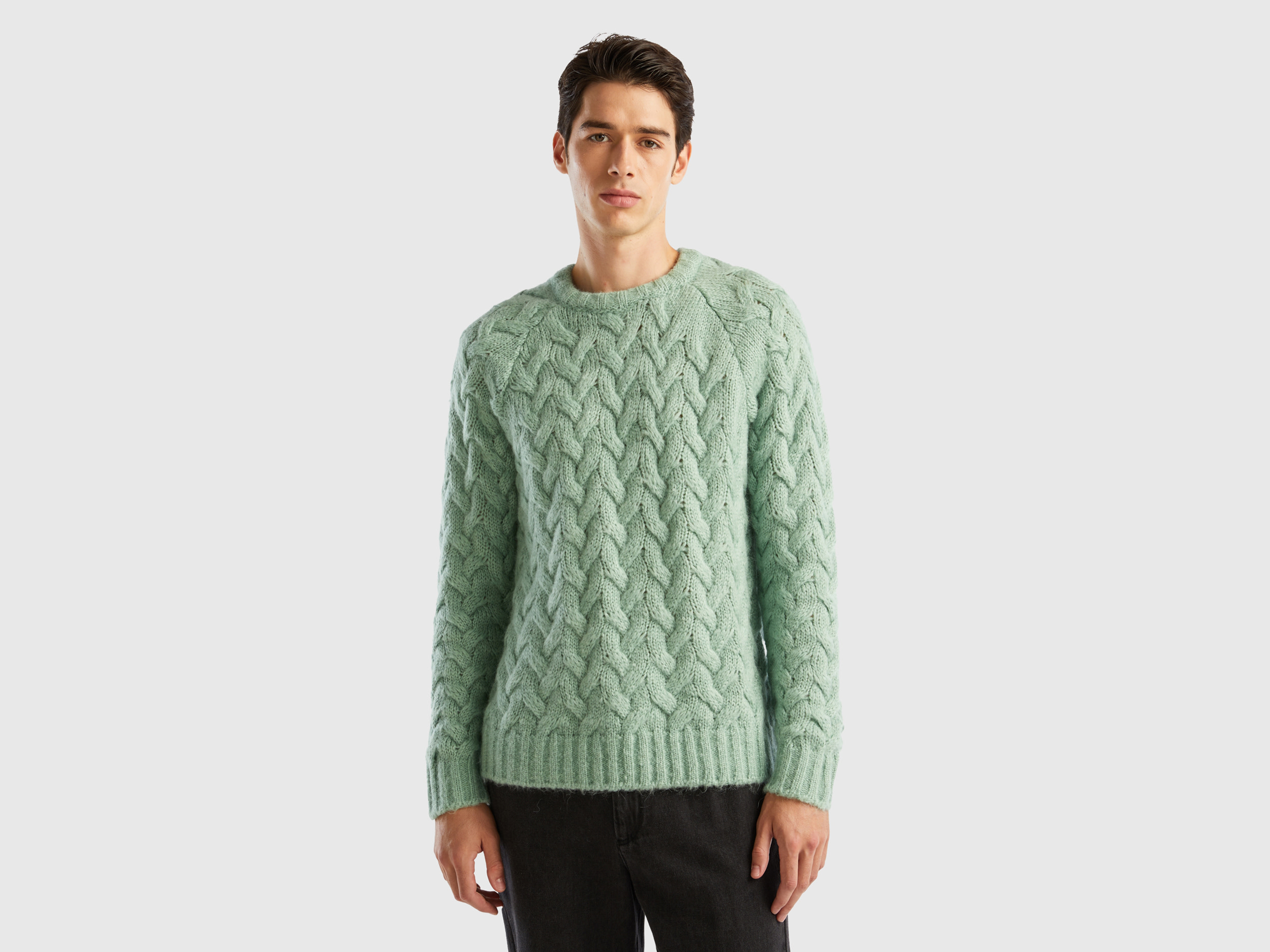 Benetton, Mohair Blend Cable Knit Sweater, size XS, Aqua, Men