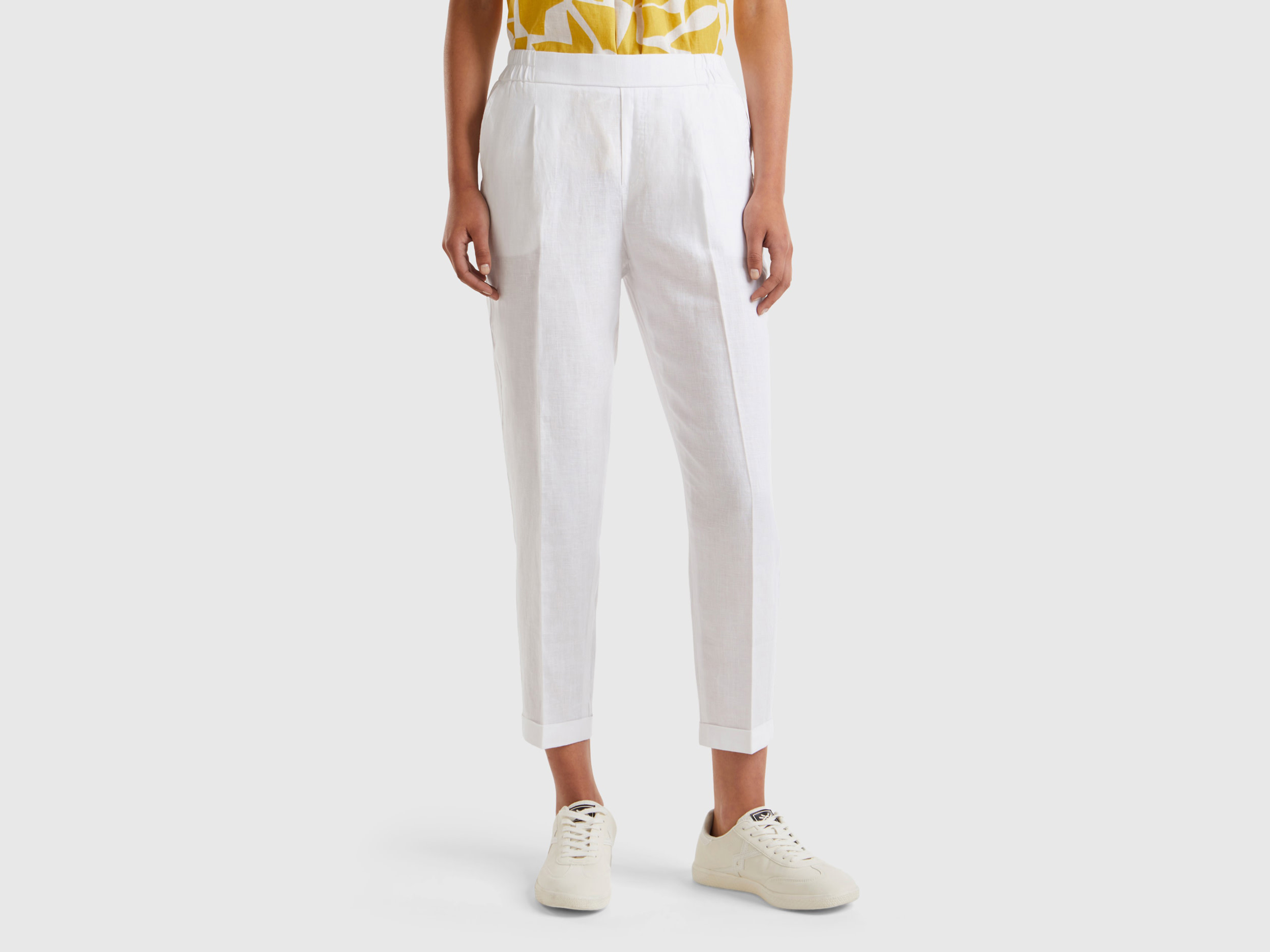 Benetton, Pantaloni Regular Fit In Puro Lino, Bianco, Donna