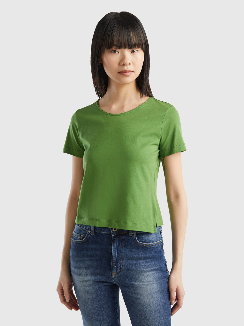 Benetton, T-shirt A Manica Corta Con Spacco, Verde Militare, Donna