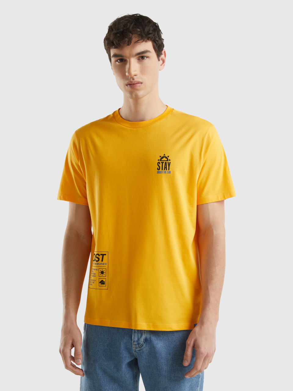 Benetton, Camiseta De Algodón Orgánico Con Estampado, Mostaza, Hombre