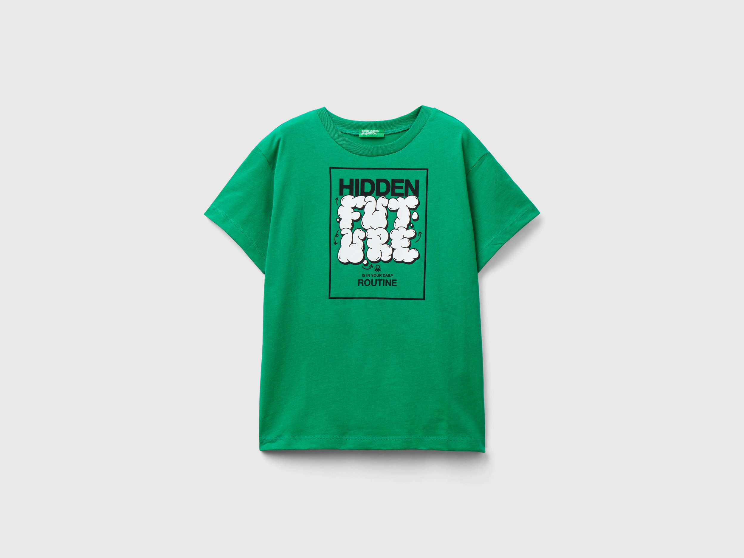 Image of Benetton, T-shirt In Organic Cotton With Print, size L, Green, Kids