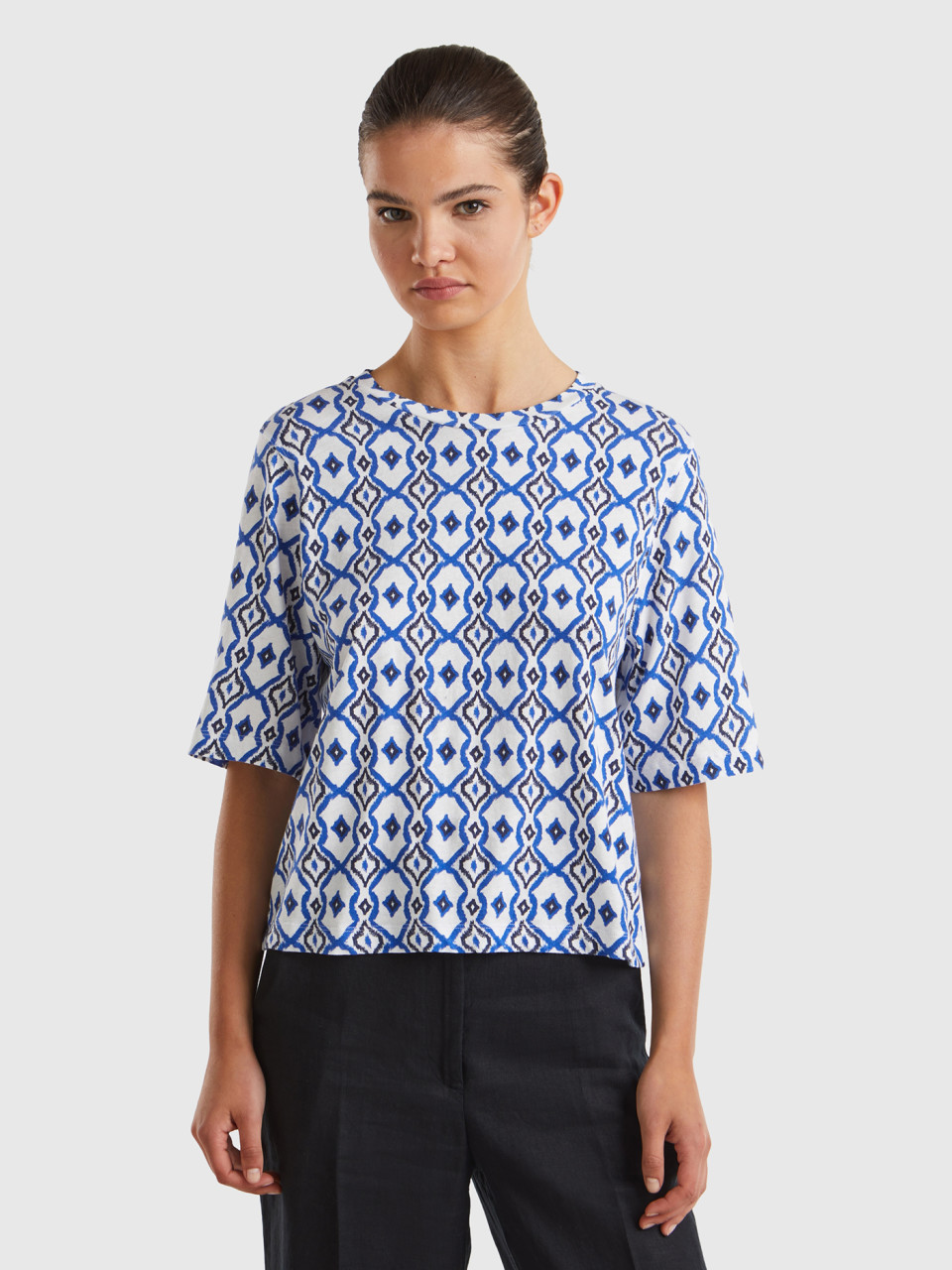Benetton, Camiseta Con Estampado Geométrico, Azul, Mujer