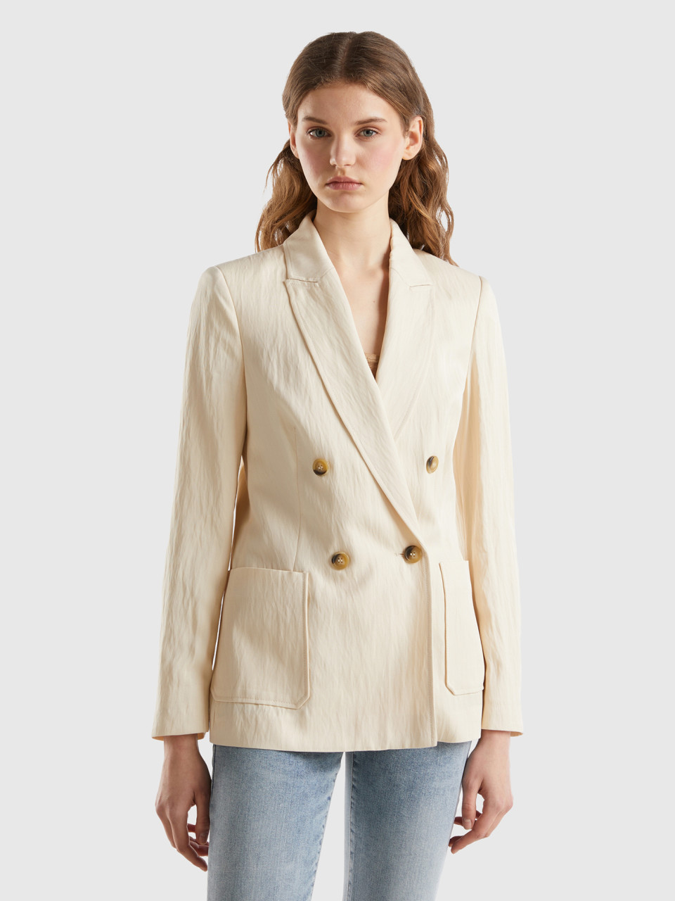 Benetton, Double-breasted Blazer In Sustainable Viscose Blend, Creamy White, Women