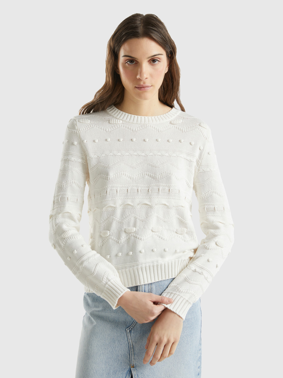 Benetton, Creamy White Knitted Sweater, Creamy White, Women