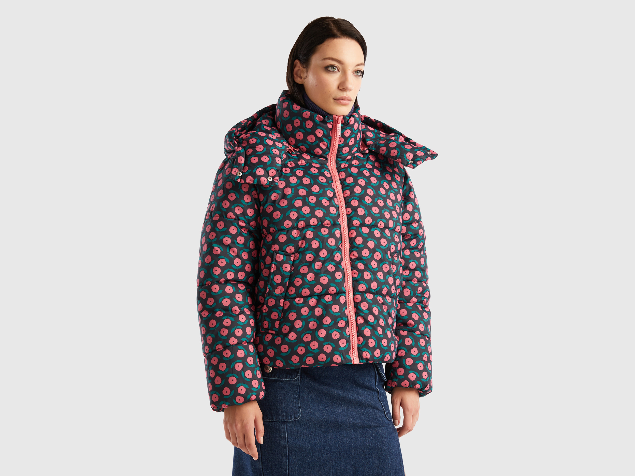 Benetton, Padded Jacket With Flower Print, size XS, Black, Women