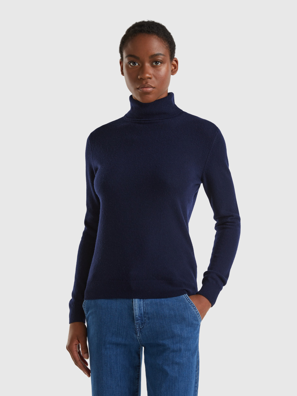 Benetton, Dark Blue Turtleneck Sweater In Pure Merino Wool, Dark Blue, Women