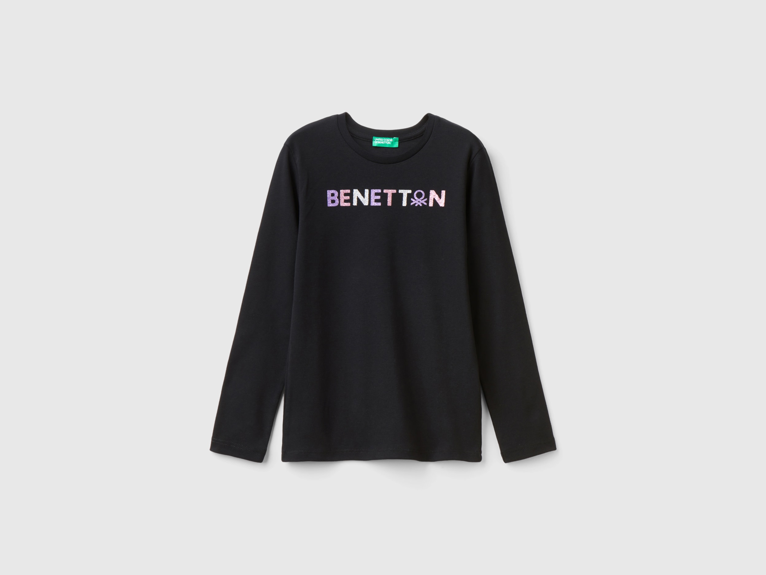 Benetton, T-shirt Manica Lunga Con Stampa Glitter, Nero, Bambini