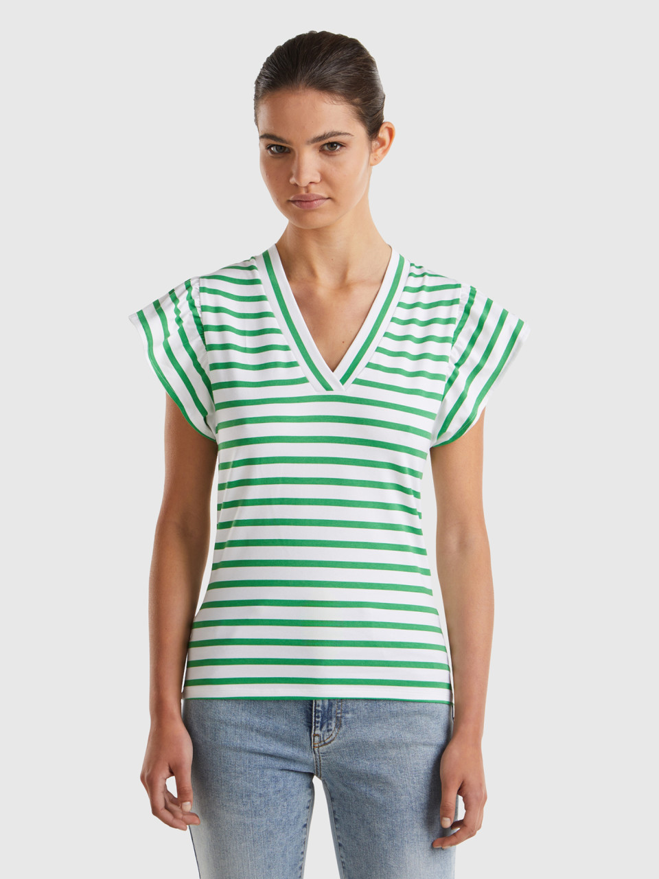 Benetton, Camiseta Con Manga Casquillo, Verde, Mujer