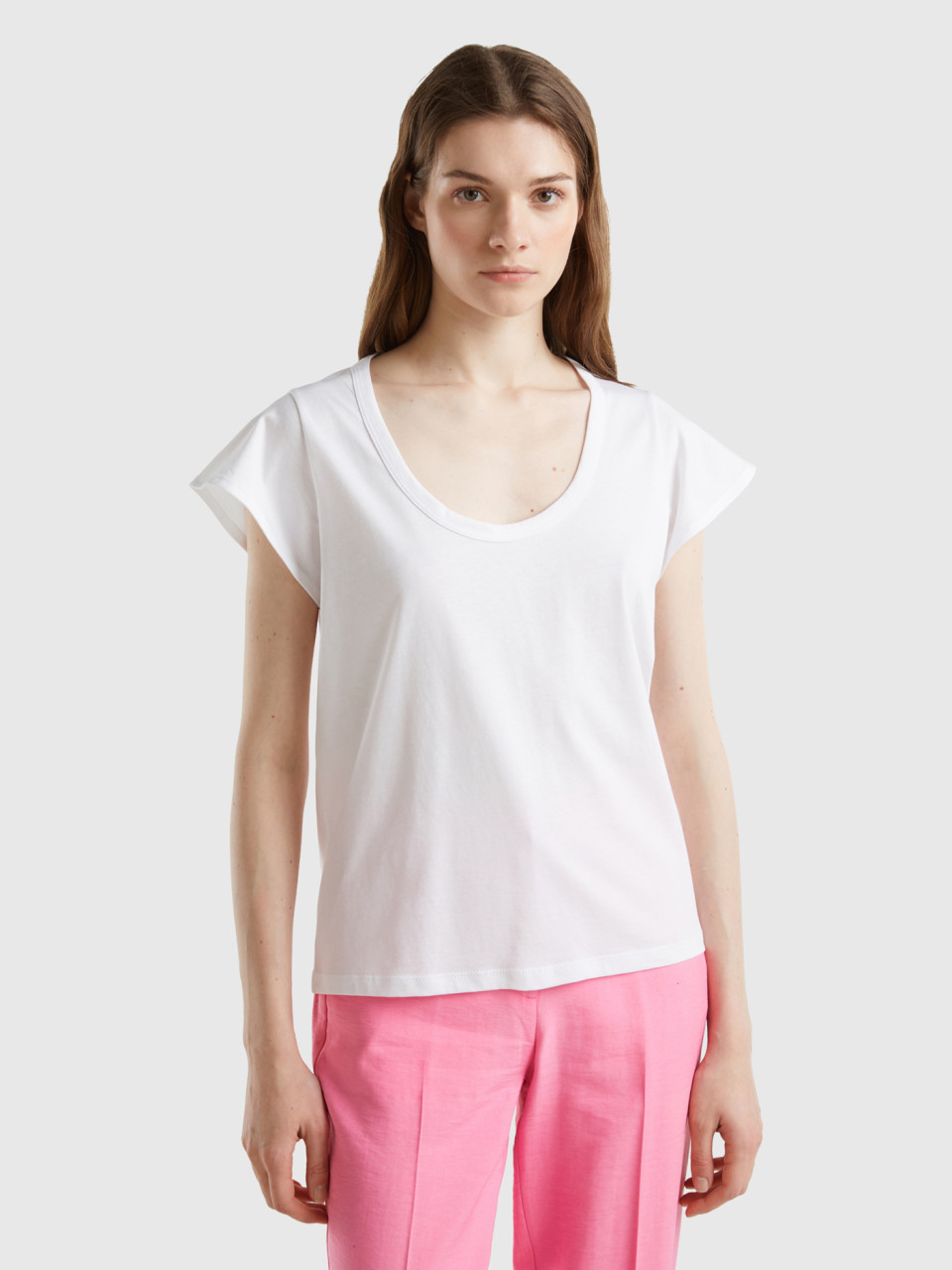 Benetton, Camiseta Con Escote Amplio, Blanco, Mujer