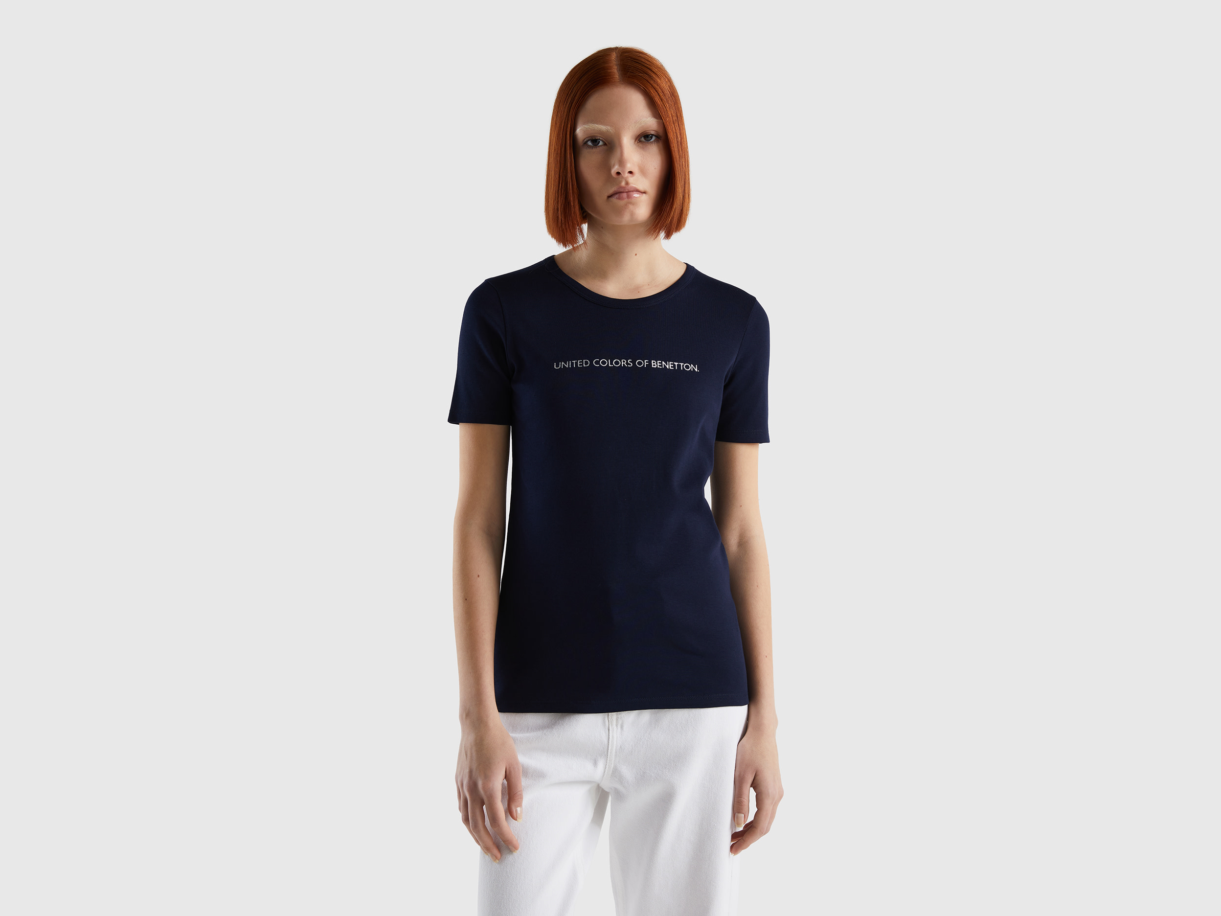 Benetton, T shirt 100% Cotone Con Stampa Logo Glitter, Blu Scuro, Donna