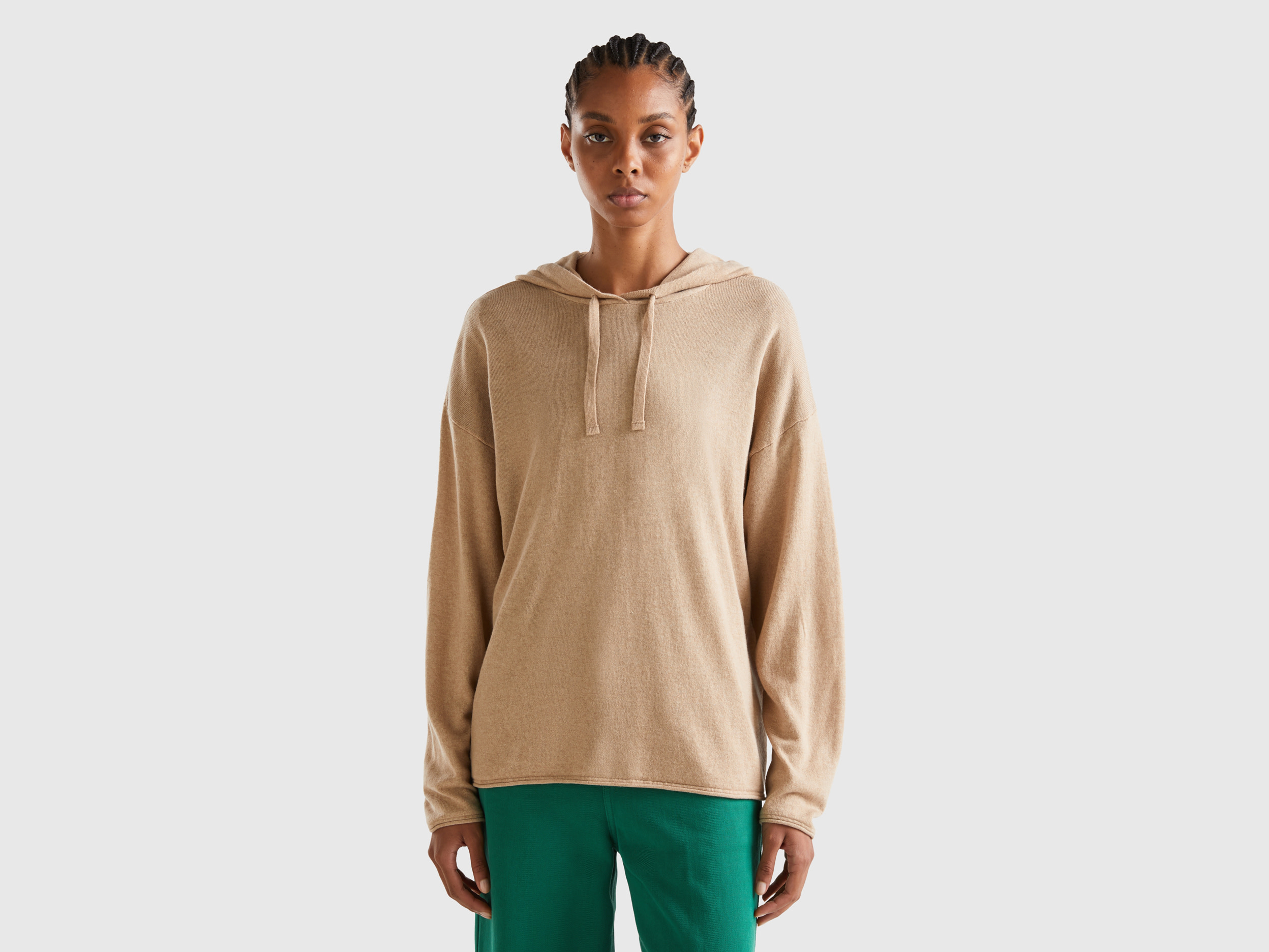 Benetton, Beige Cashmere Blend Sweater With Hood, size XL, Beige, Women