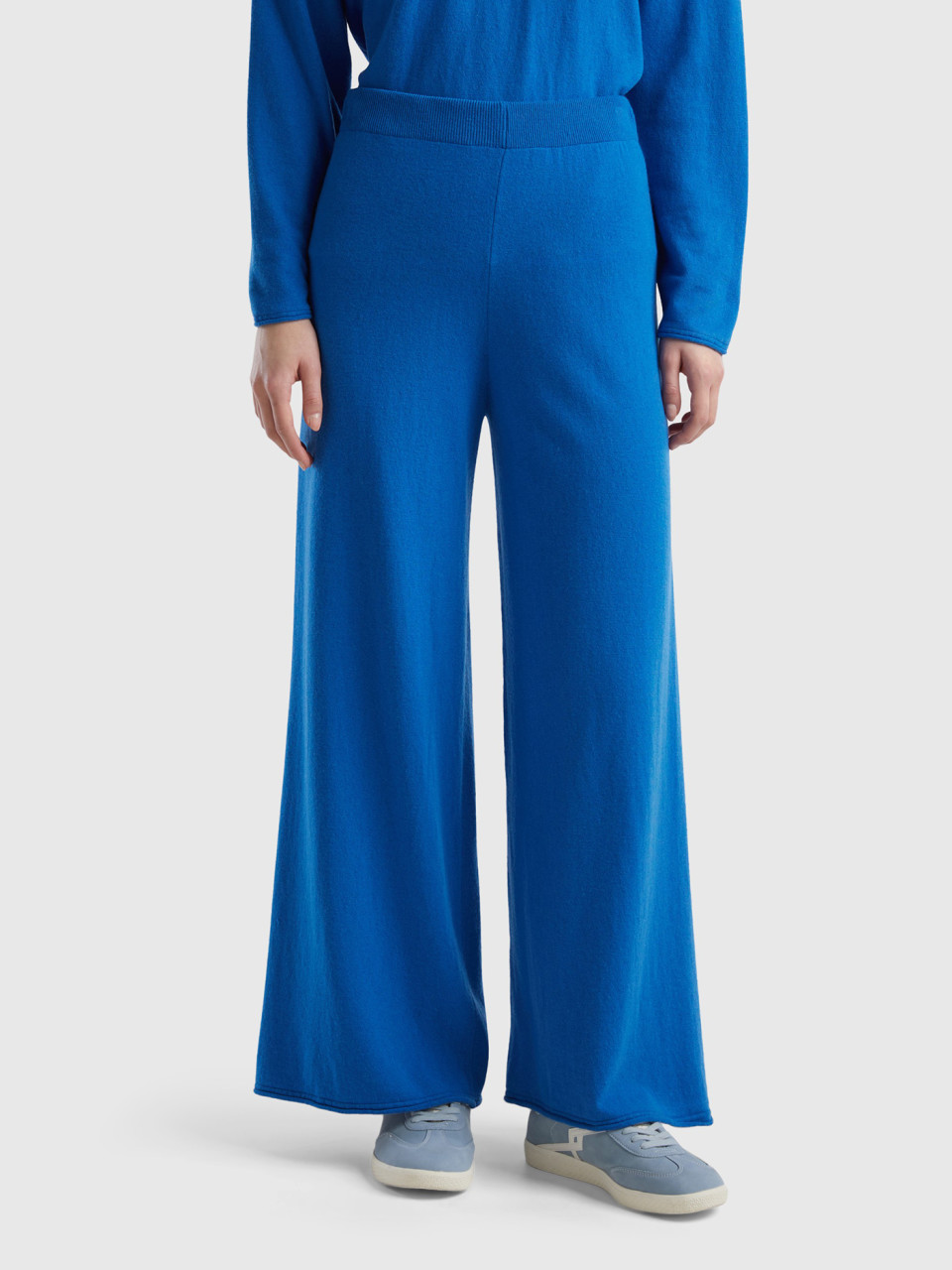 Benetton, Blue Wide Trousers In Cashmere And Wool Blend, Blue, Women