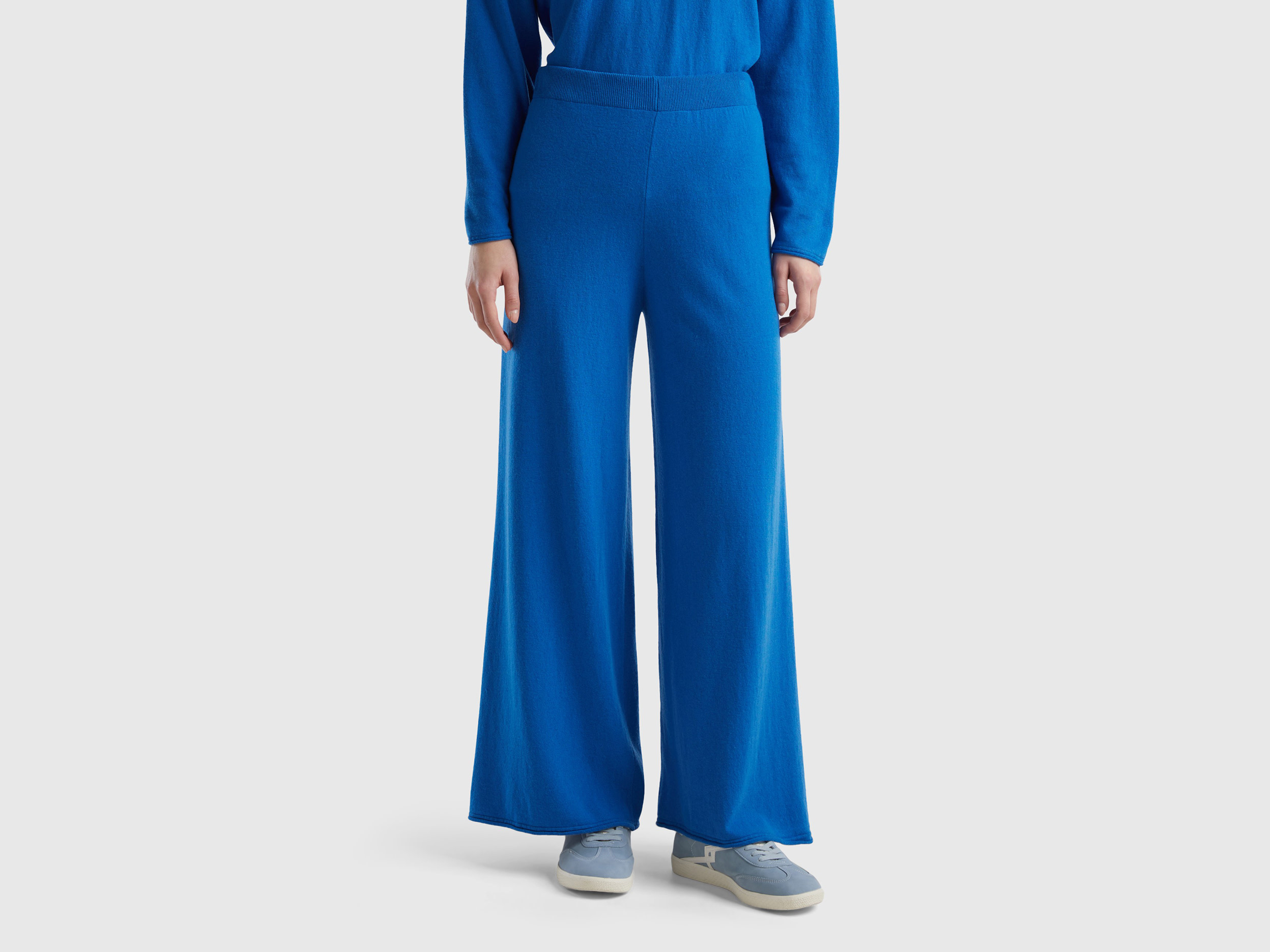 Benetton, Pantaloni Ampi Blu In Misto Lana E Cashmere, Blu, Donna
