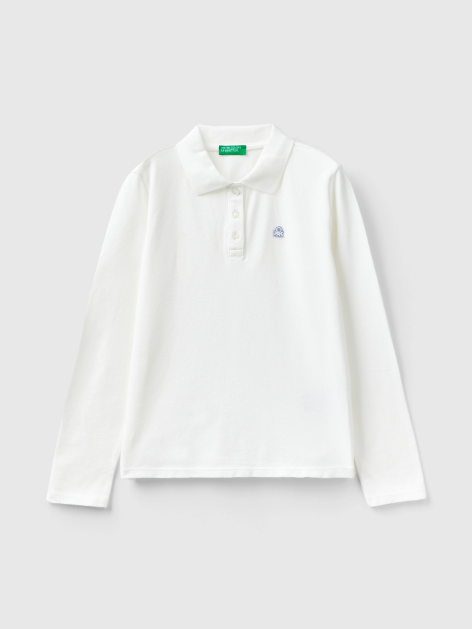 Benetton, Long Sleeve Polo In Organic Cotton, Creamy White, Kids