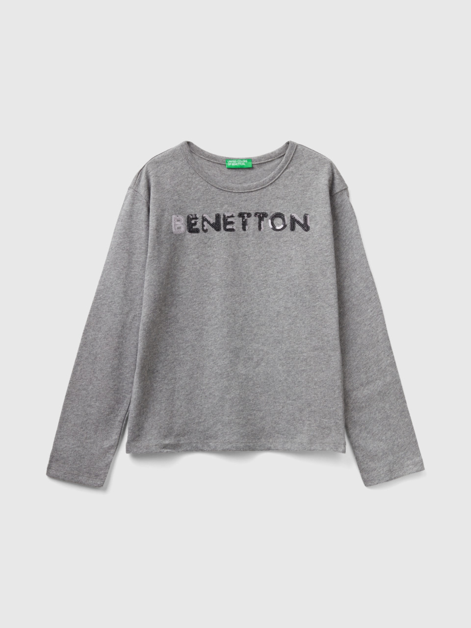 Benetton, T-shirt In Warm Organic Cotton With Sequins, Dark Gray, Kids