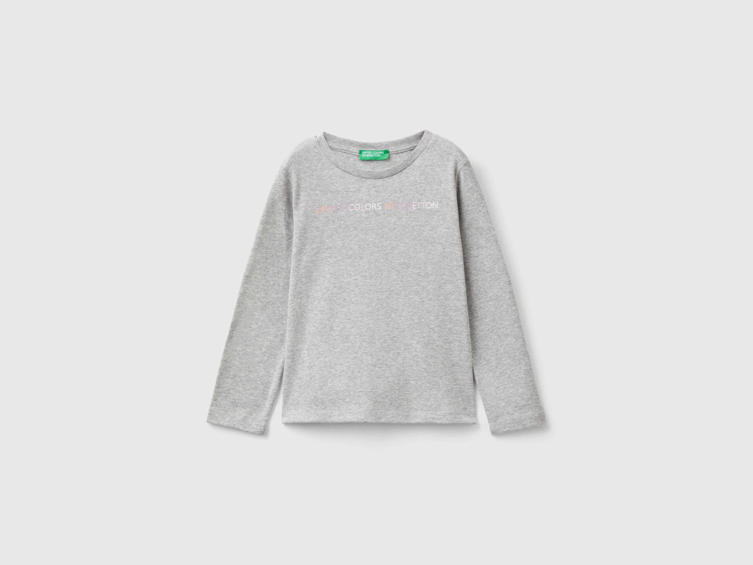 Benetton, T-shirt Con Stampa Glitter In Cotone Bio, Grigio Chiaro, Bambini