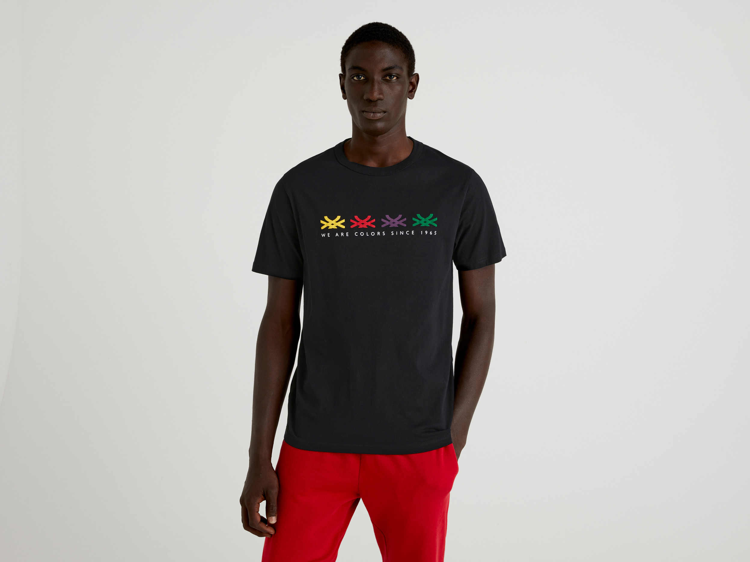 Benetton, T shirt Nera Con Stampa Logo, Nero, Uomo